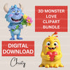 3D Monster Love Clipart Bundle