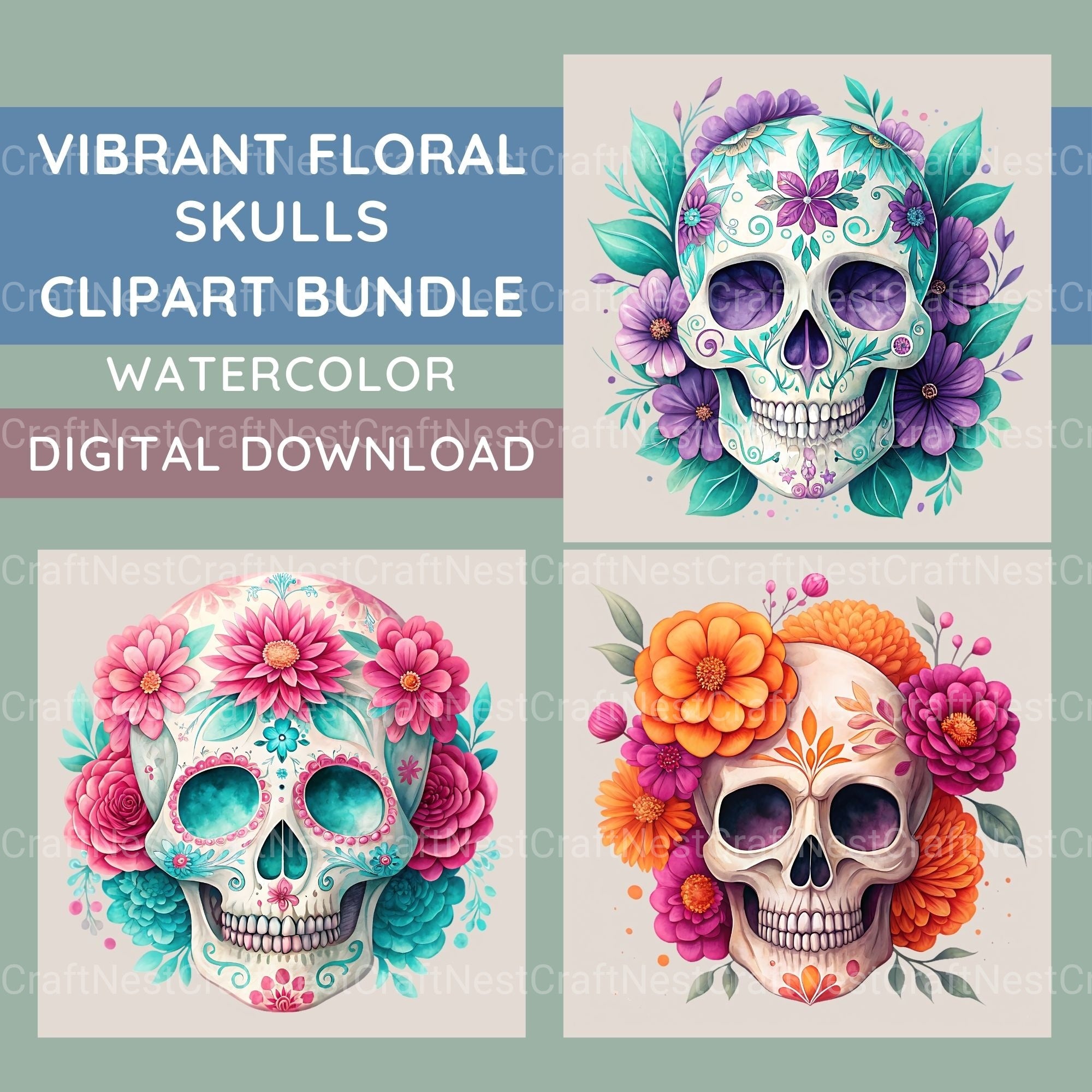 Floral Skulls Clipart Bundle 1 - CraftNest - Digital Crafting and Art