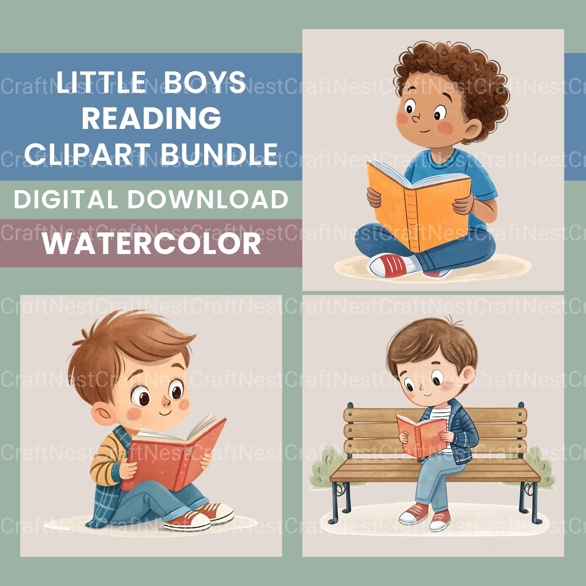 Little Boy Reading Clipart Bundle - CraftNest - Digital Crafting and Art