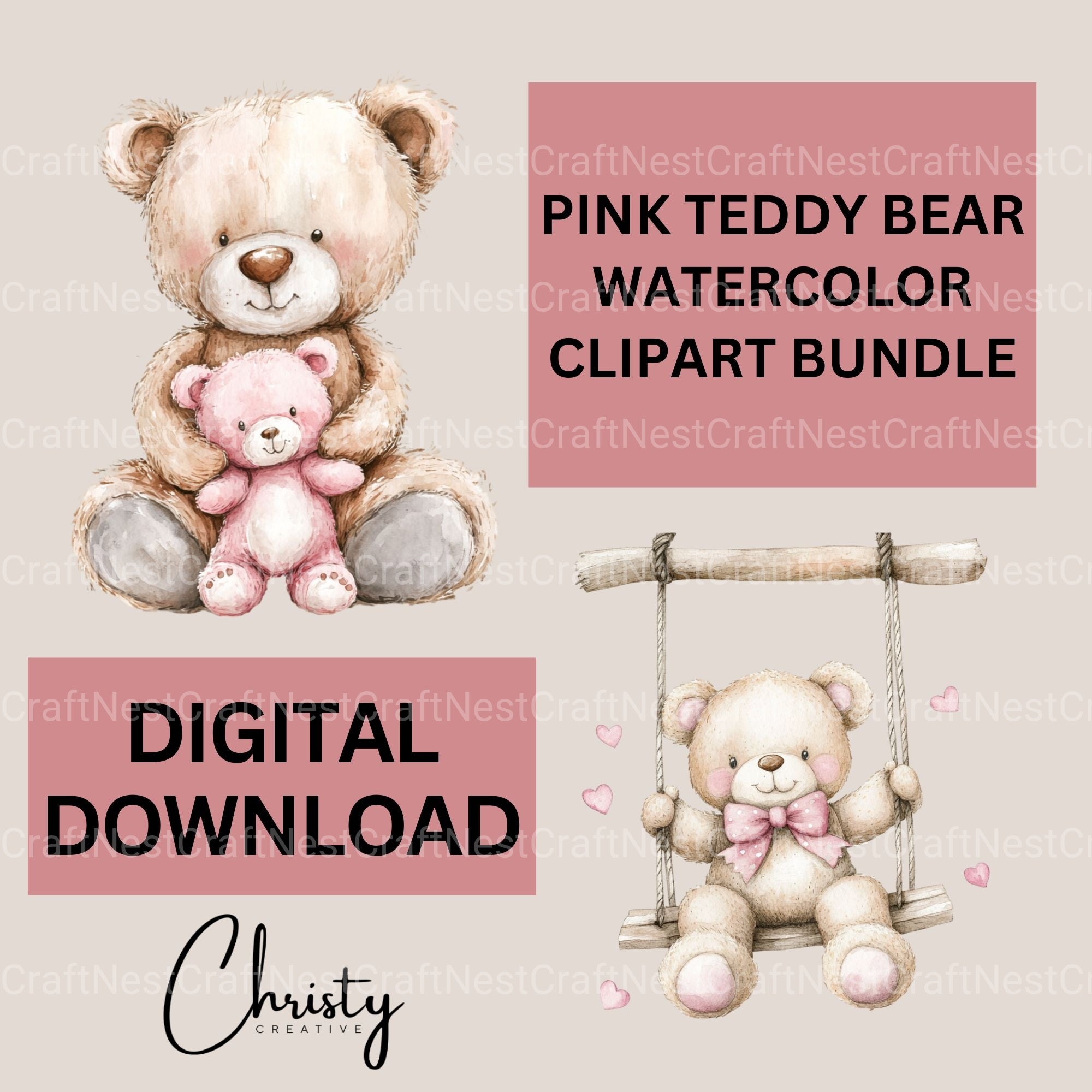 Pink Teddy Bear Clipart Bundle - CraftNest - Digital Crafting and Art