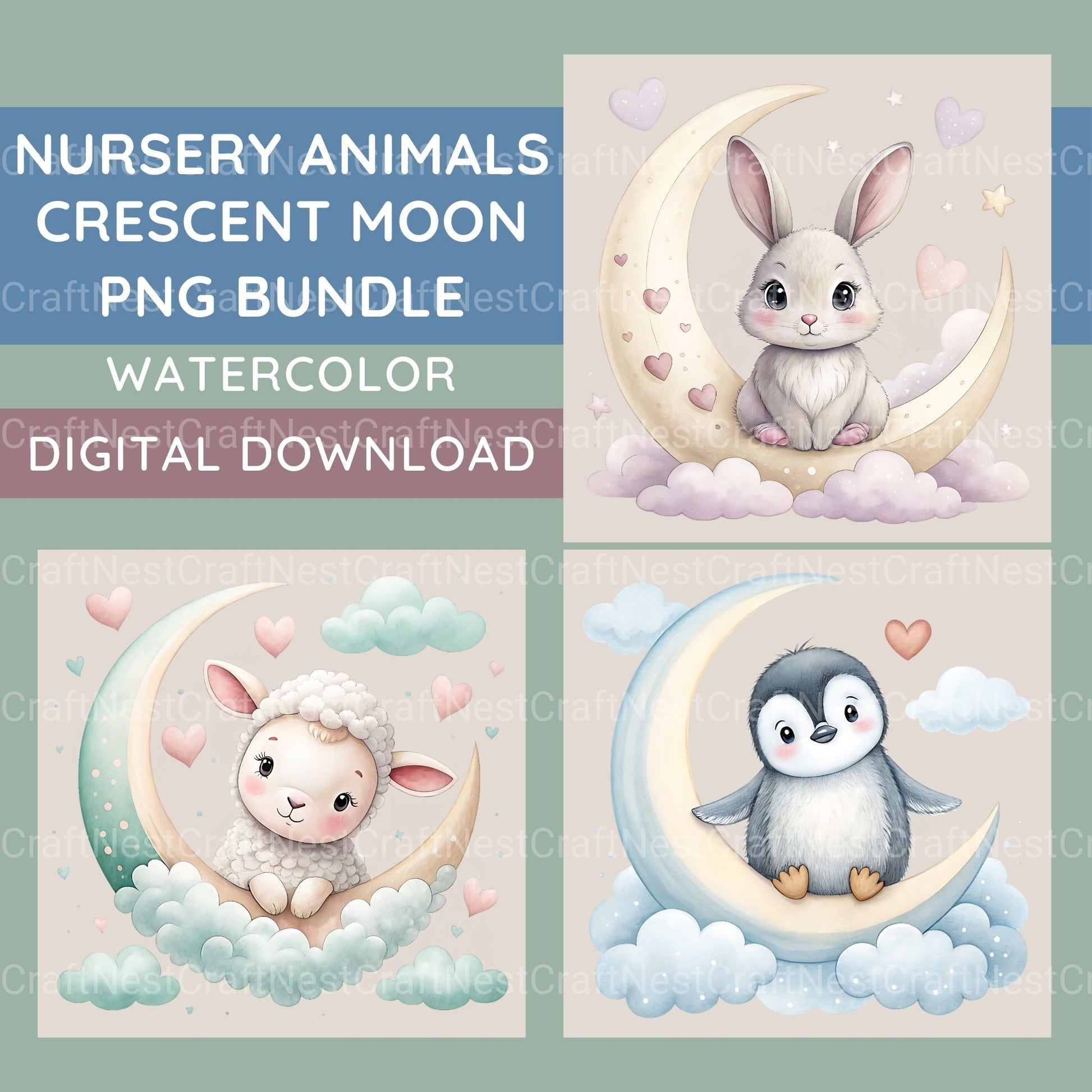 Nursery Animals Crescent Moon Clipart Bundle - CraftNest - Digital Crafting and Art