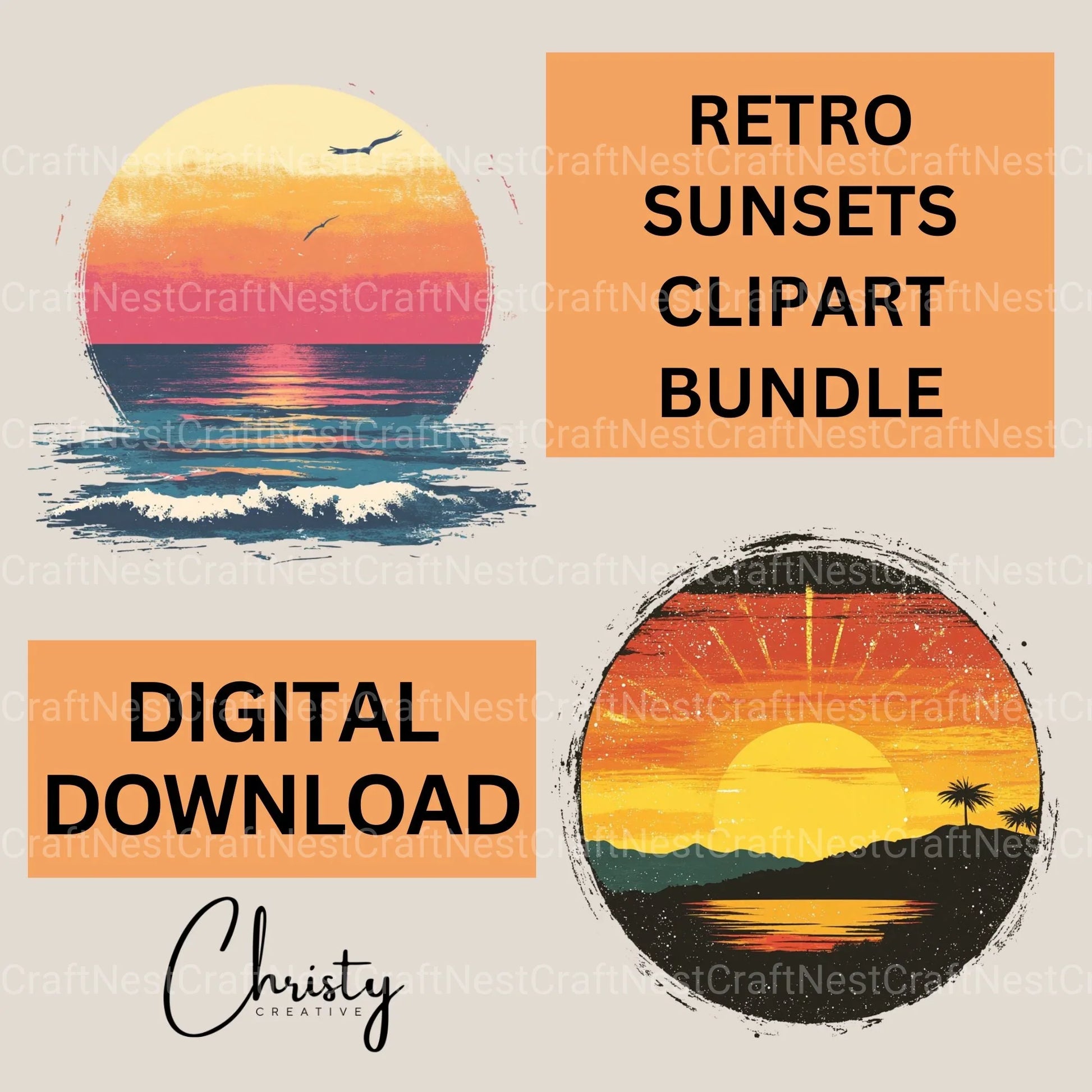 Retro Sunsets 2 Clipart Bundle 1 - CraftNest - Digital Crafting and Art