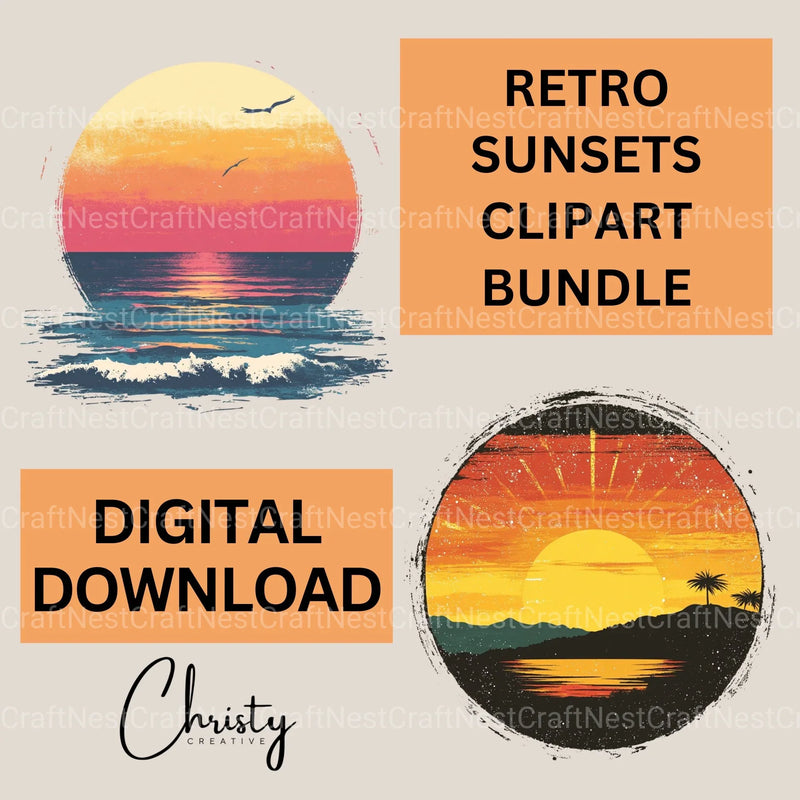 Retro Sunsets 2 Clipart Bundle 1 - CraftNest - Digital Crafting and Art