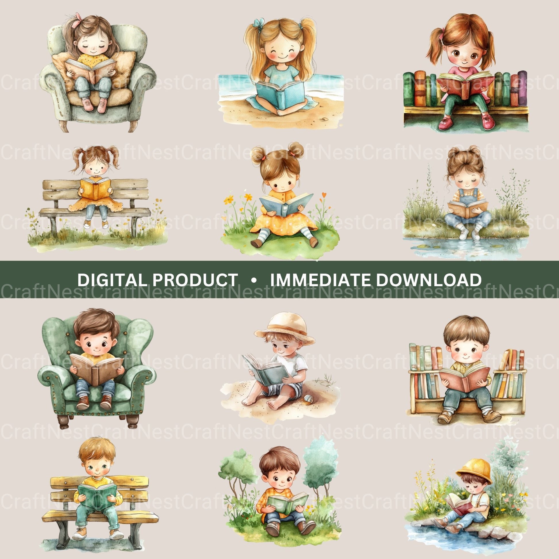 Children Reading Clipart Bundle - CraftNest - Digital Crafting and Art