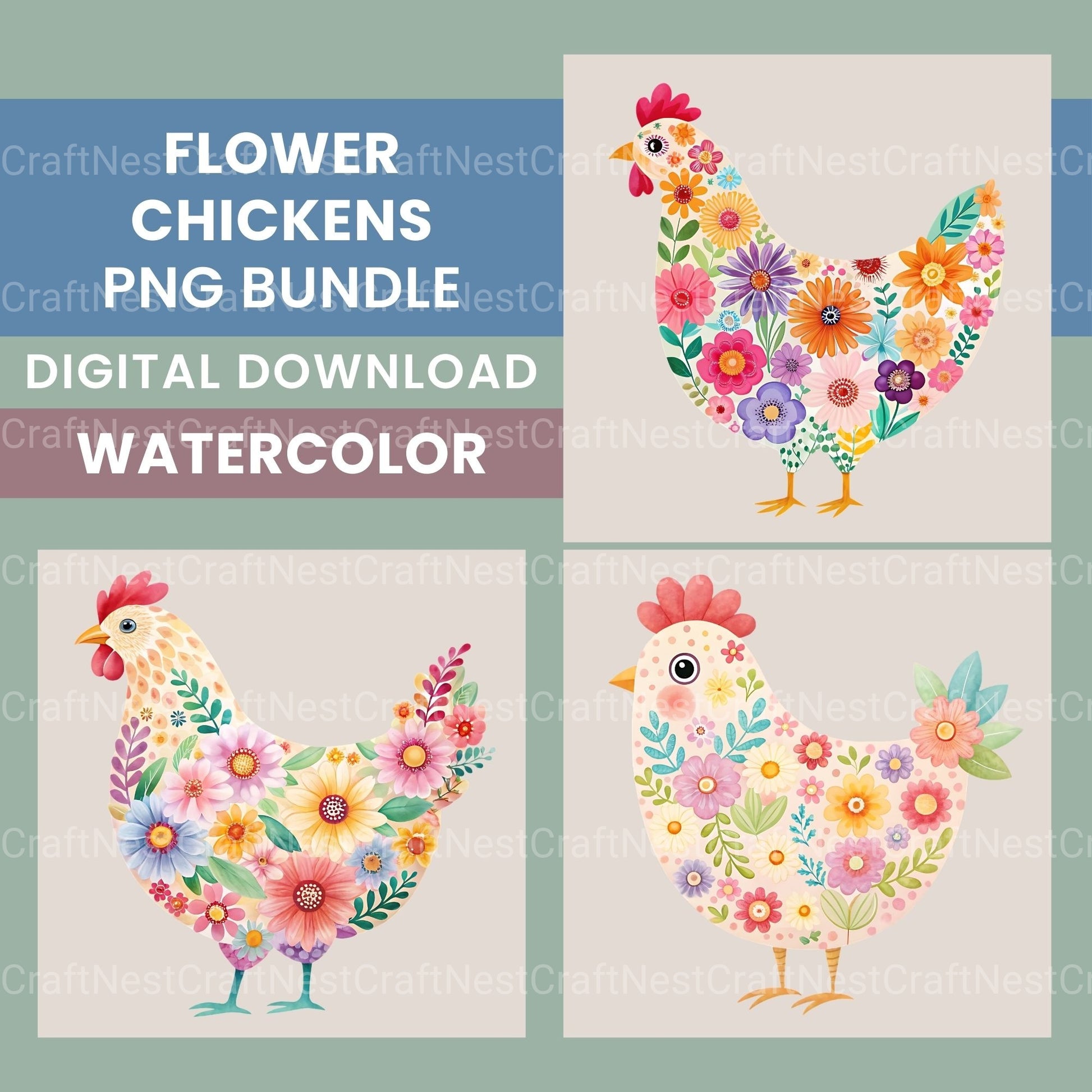 Flower Chickens Clipart Bundle - CraftNest - Digital Crafting and Art