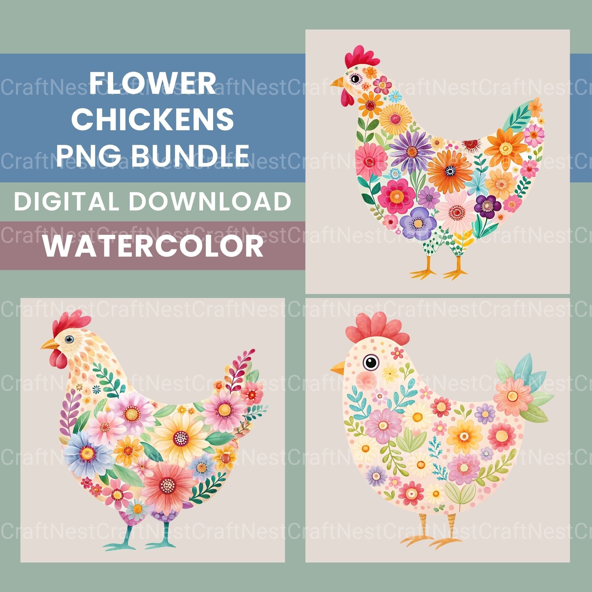 Flower Chickens Clipart Bundle - CraftNest - Digital Crafting and Art