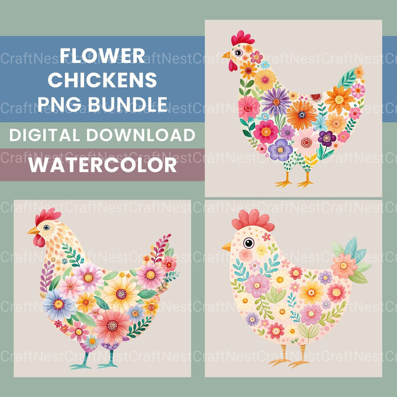 Flower Chickens Clipart Bundle - CraftNest - Digital Crafting and Art