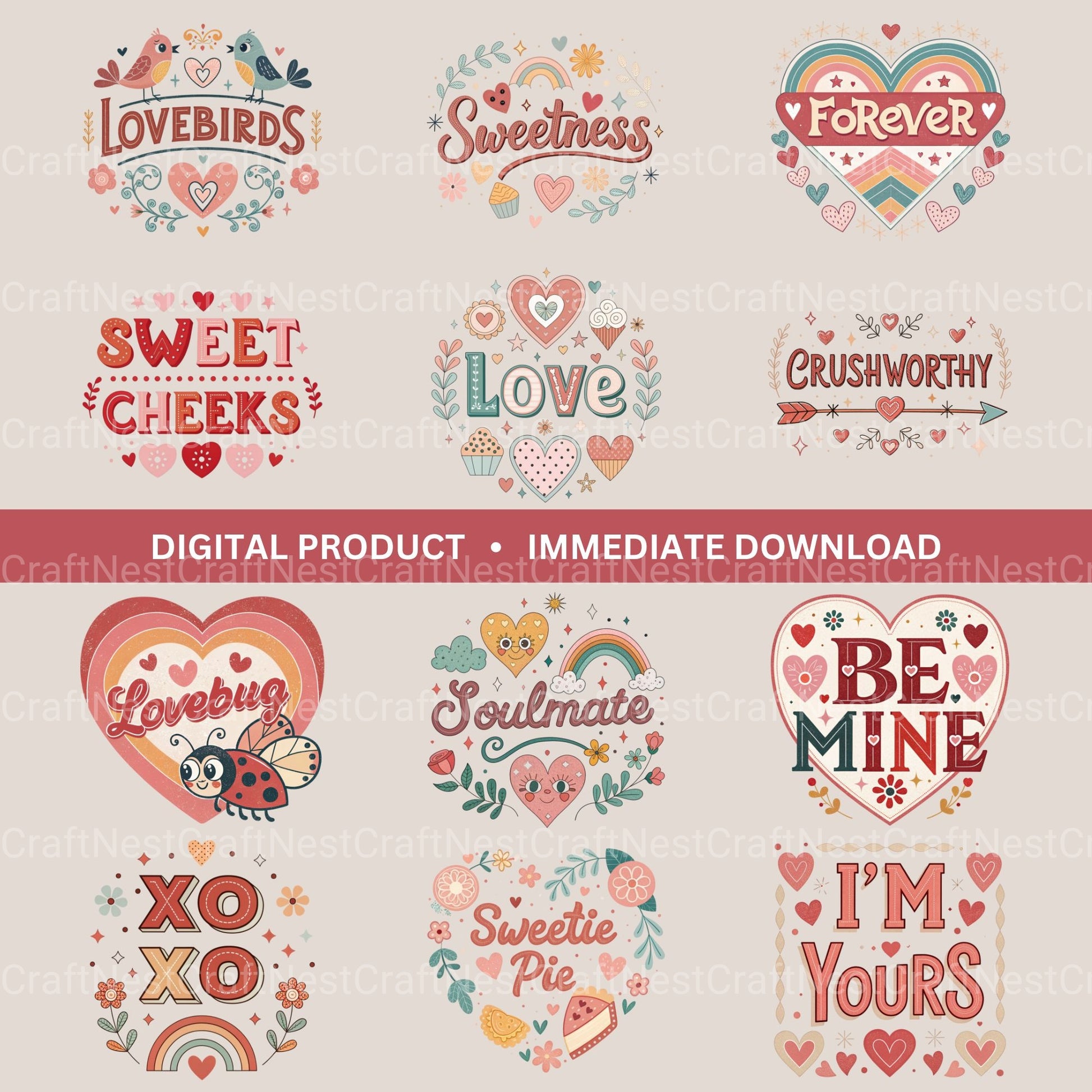Retro Love Words Clipart Bundle - CraftNest - Digital Crafting and Art