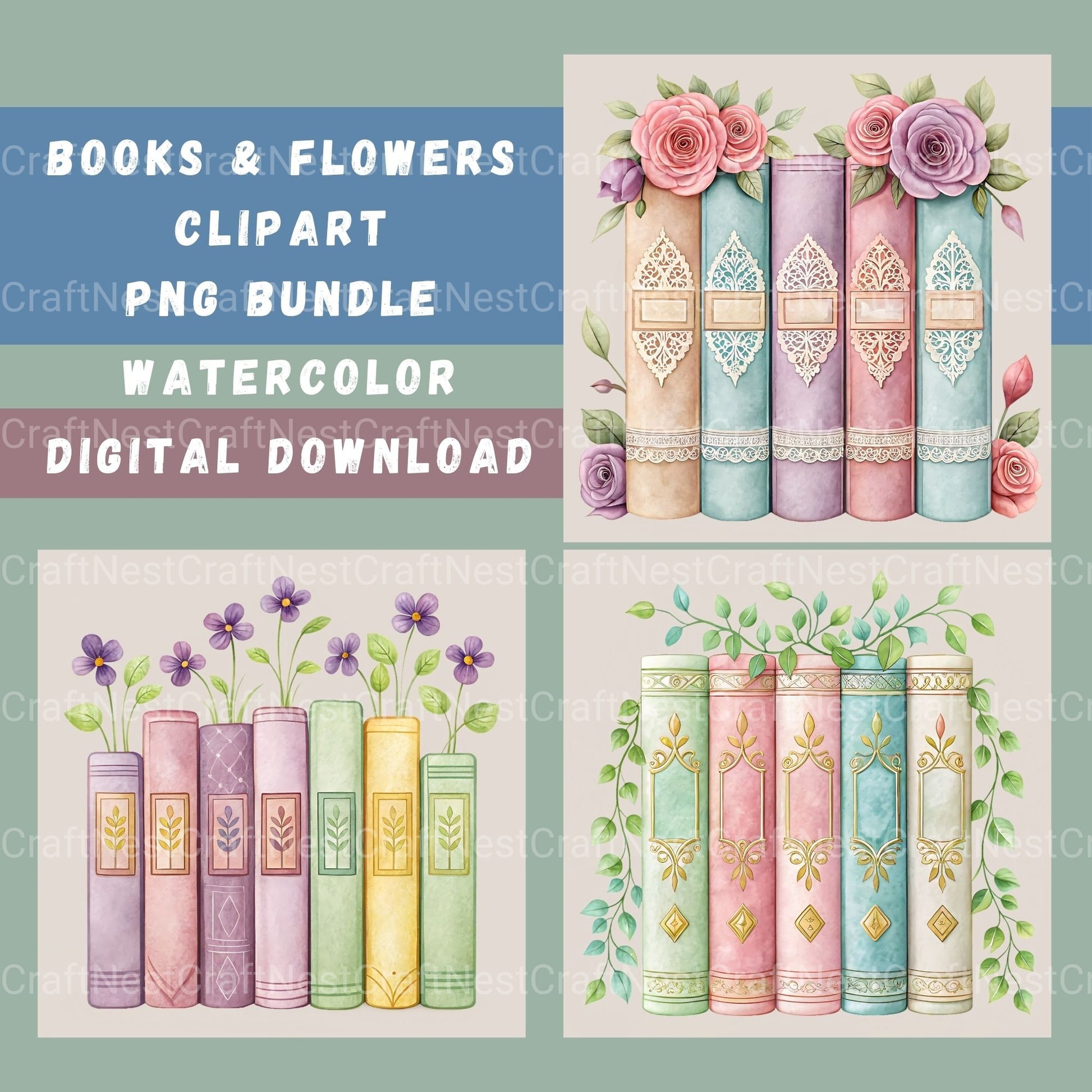 Books N Flowers Clipart Bundle - CraftNest - Digital Crafting and Art