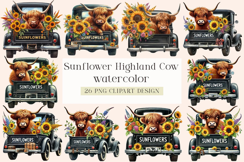 Sunflower Highland Cow Clipart Bundle - CraftNest - Digital Crafting and Art