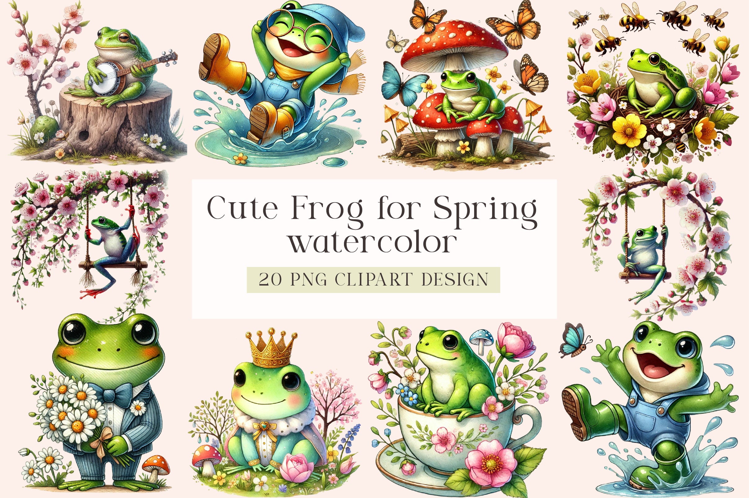 Cute Frog Spring Clipart Bundle