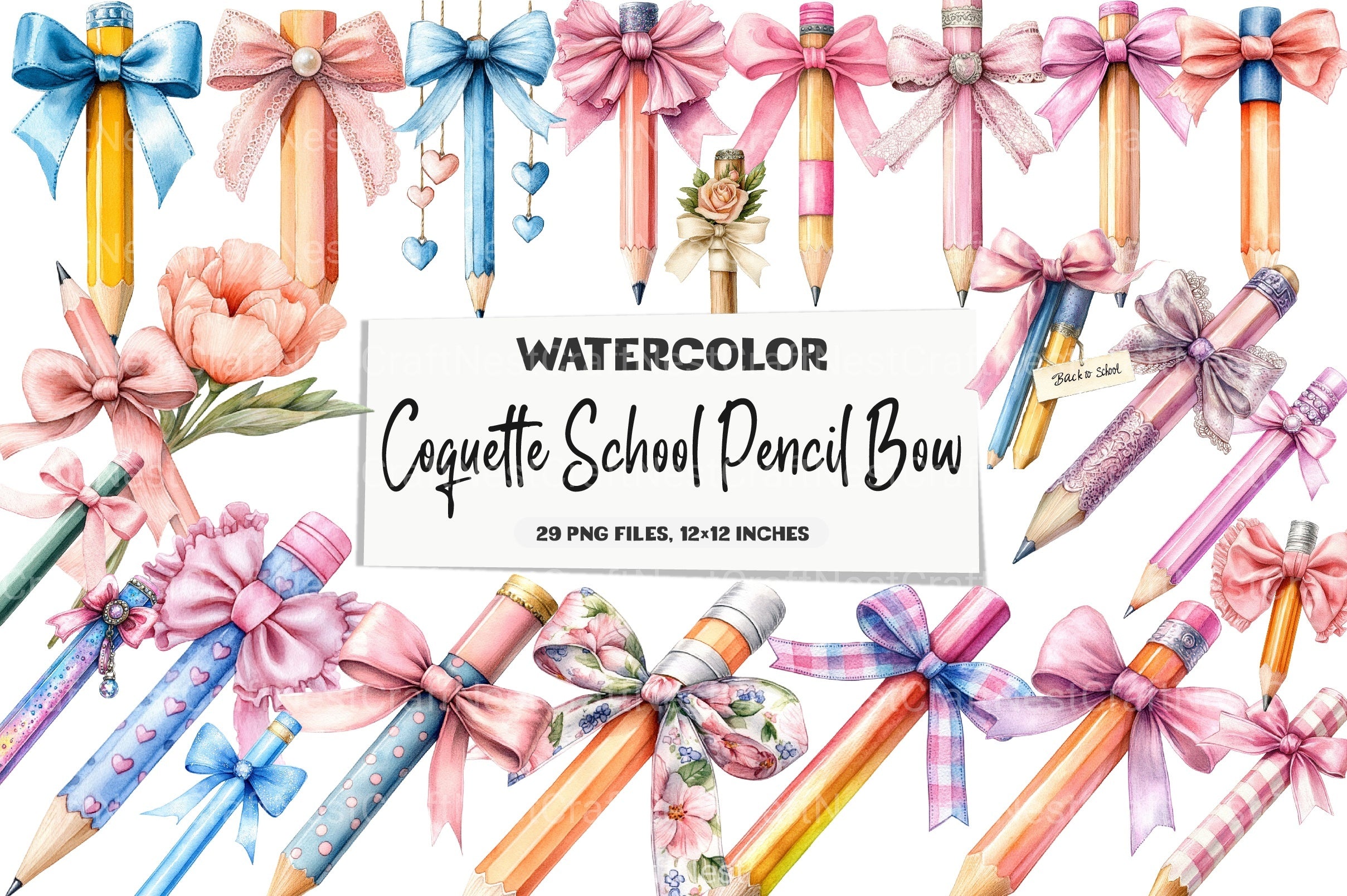 Coquette School Pencil Bow Clipart Bundle 36 - CraftNest - Digital Crafting and Art