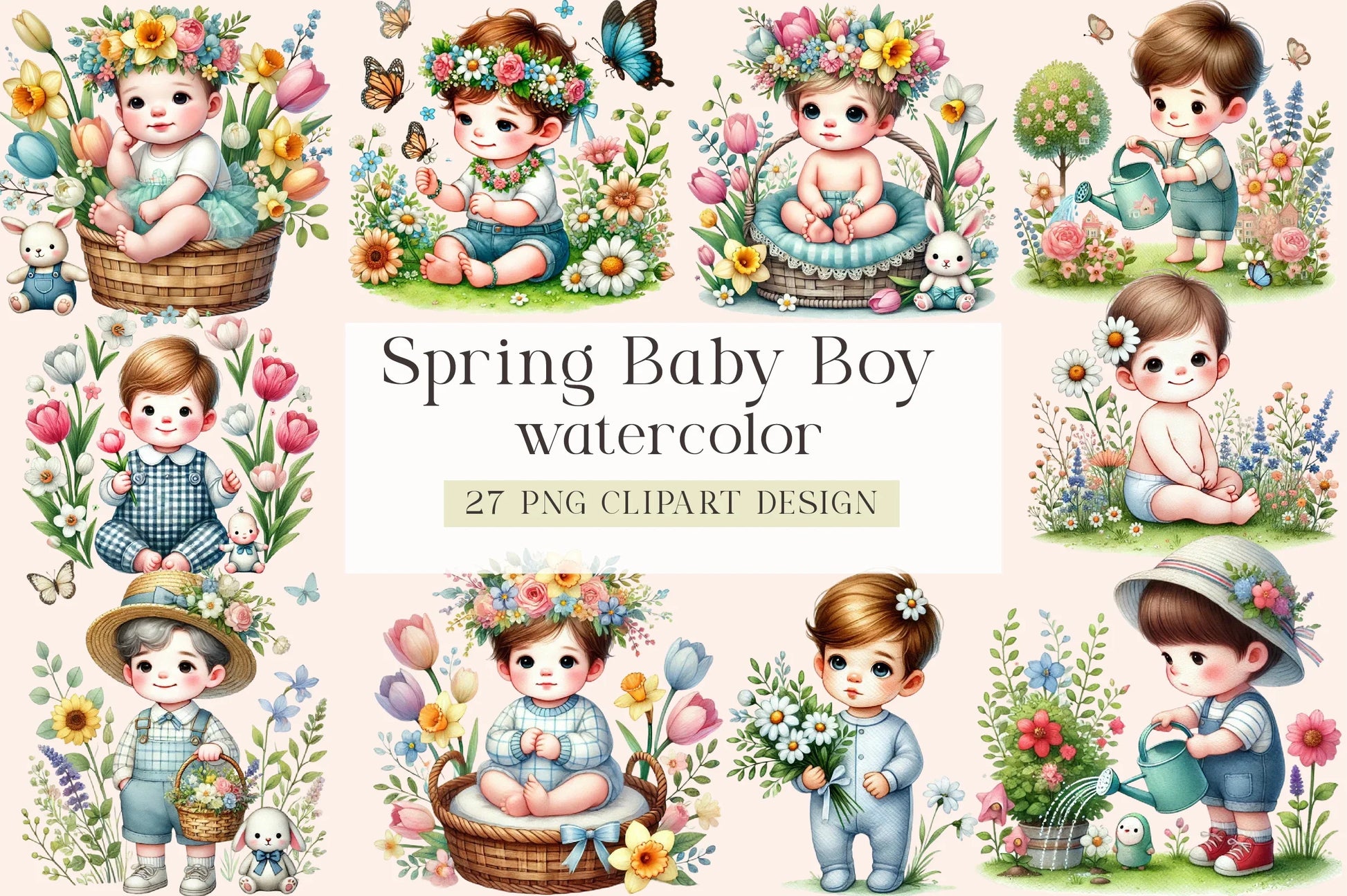 Cute Spring Baby Boy Flowers Clipart Bundle - CraftNest - Digital Crafting and Art
