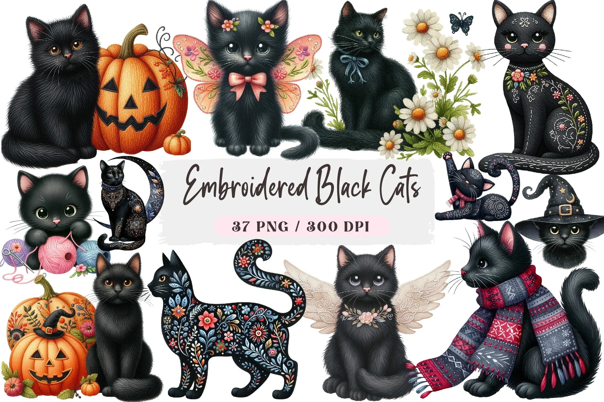 Embroidered Black Cats Clipart Bundle - CraftNest - Digital Crafting and Art