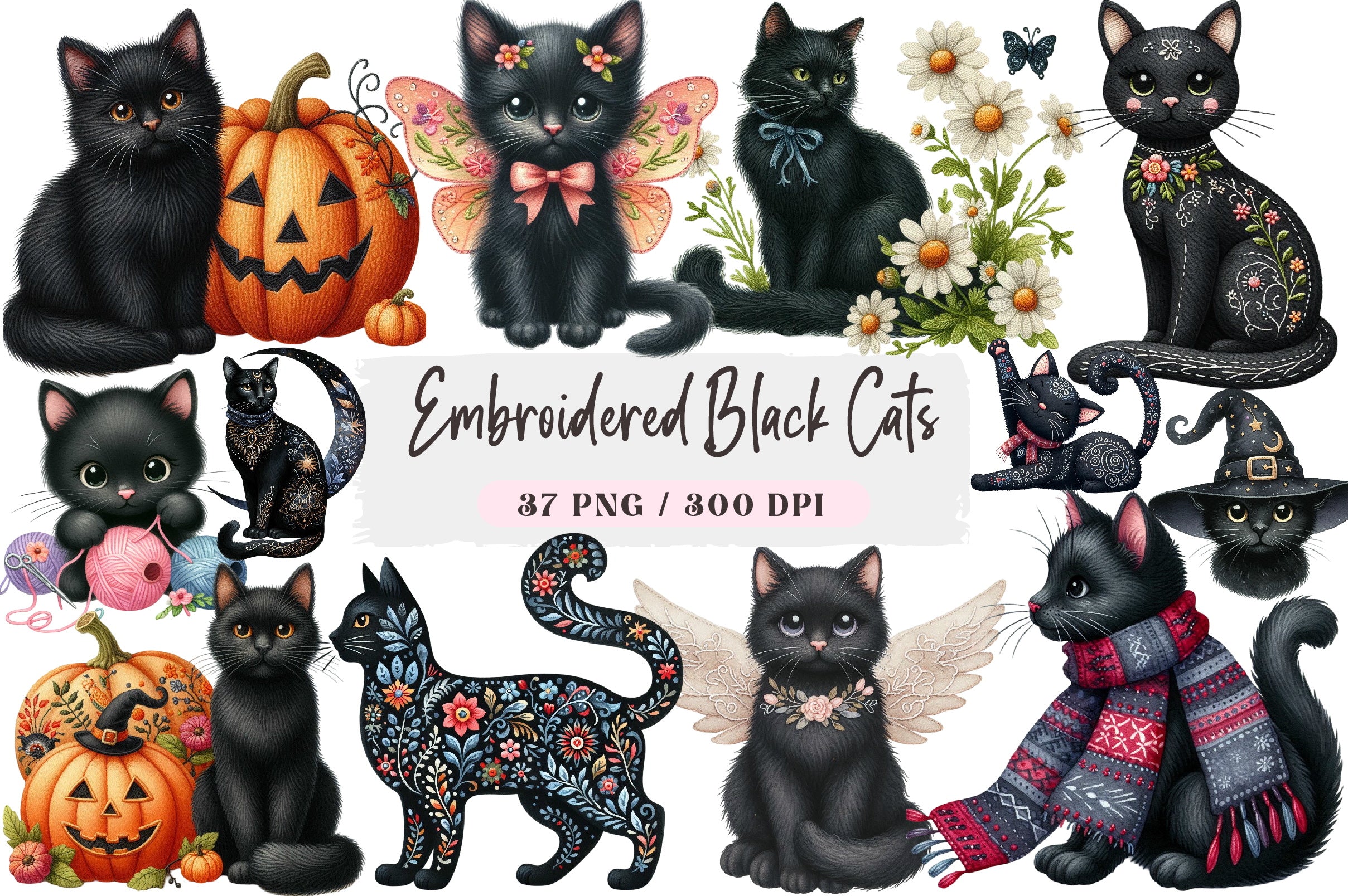 Embroidered Black Cats Clipart Bundle