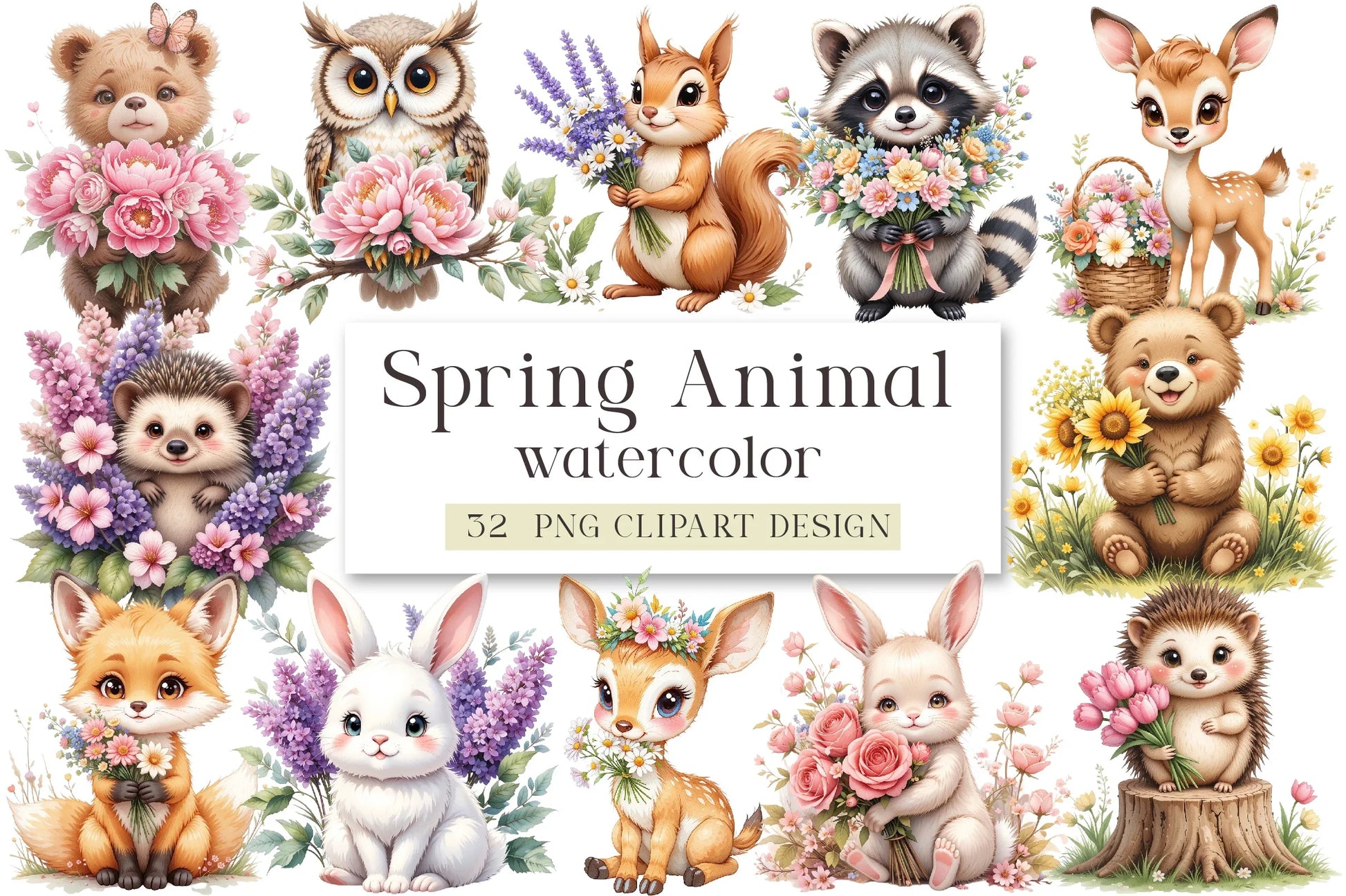 Spring Woodland Animal Clipart Bundle with Bouquet - CraftNest - Digital Crafting and Art
