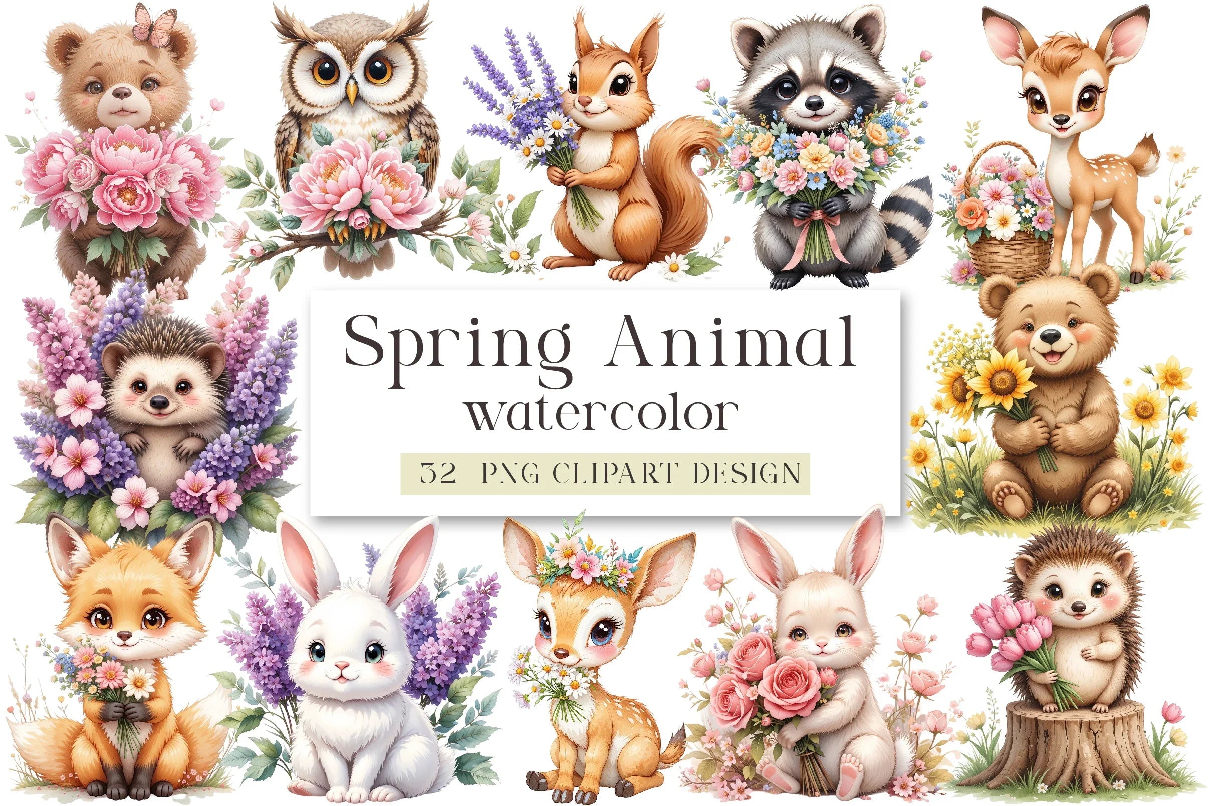 Spring Woodland Animal Clipart Bundle with Bouquet - CraftNest - Digital Crafting and Art