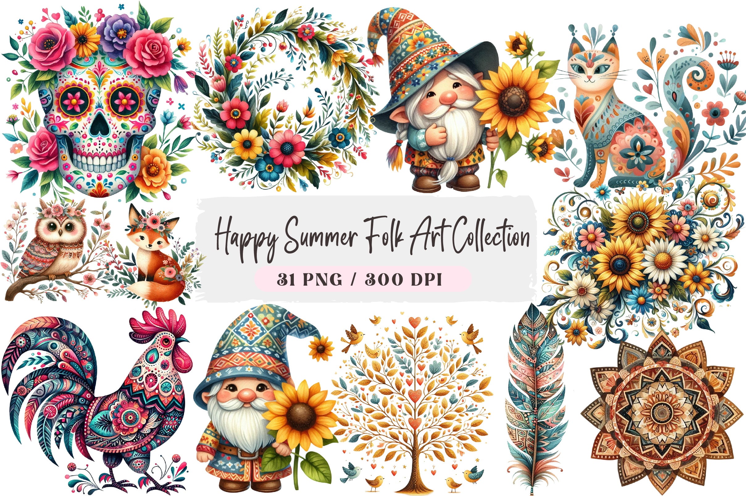 Happy Summer Folk Art Clipart Collection
