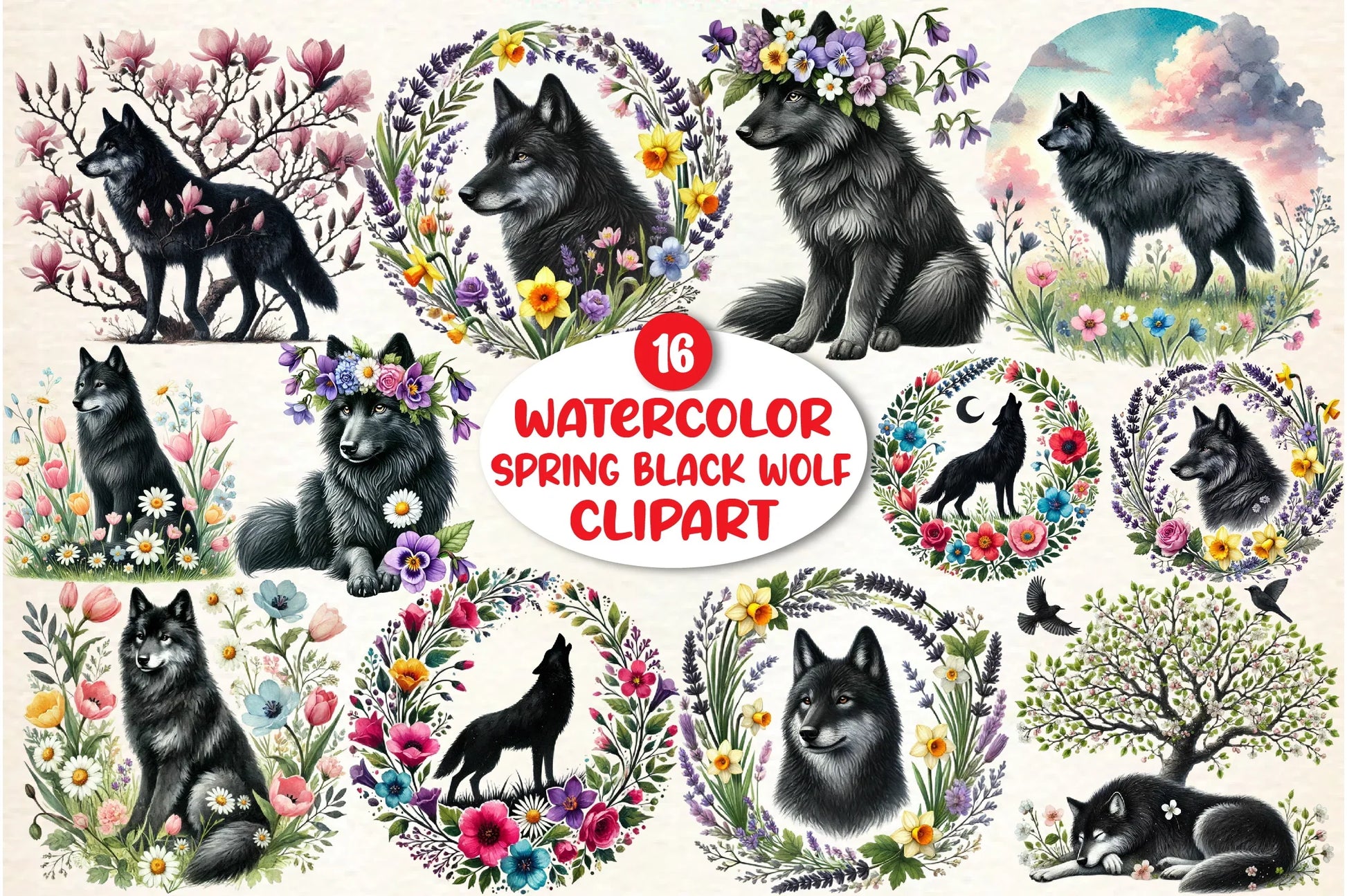 Spring Black Wolf Clipart Bundle - CraftNest - Digital Crafting and Art