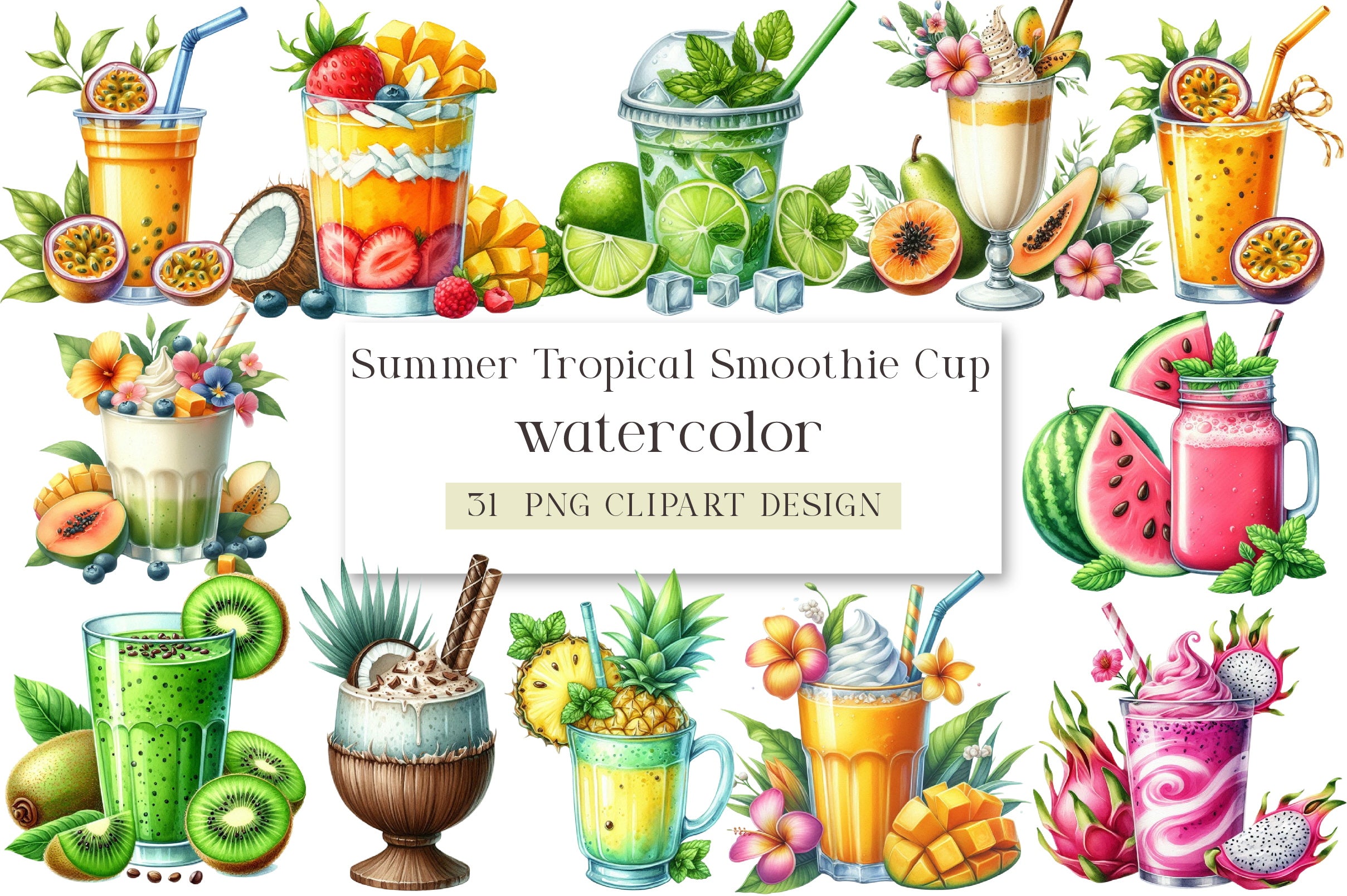 Summer Tropical Smoothie Clipart Bundle