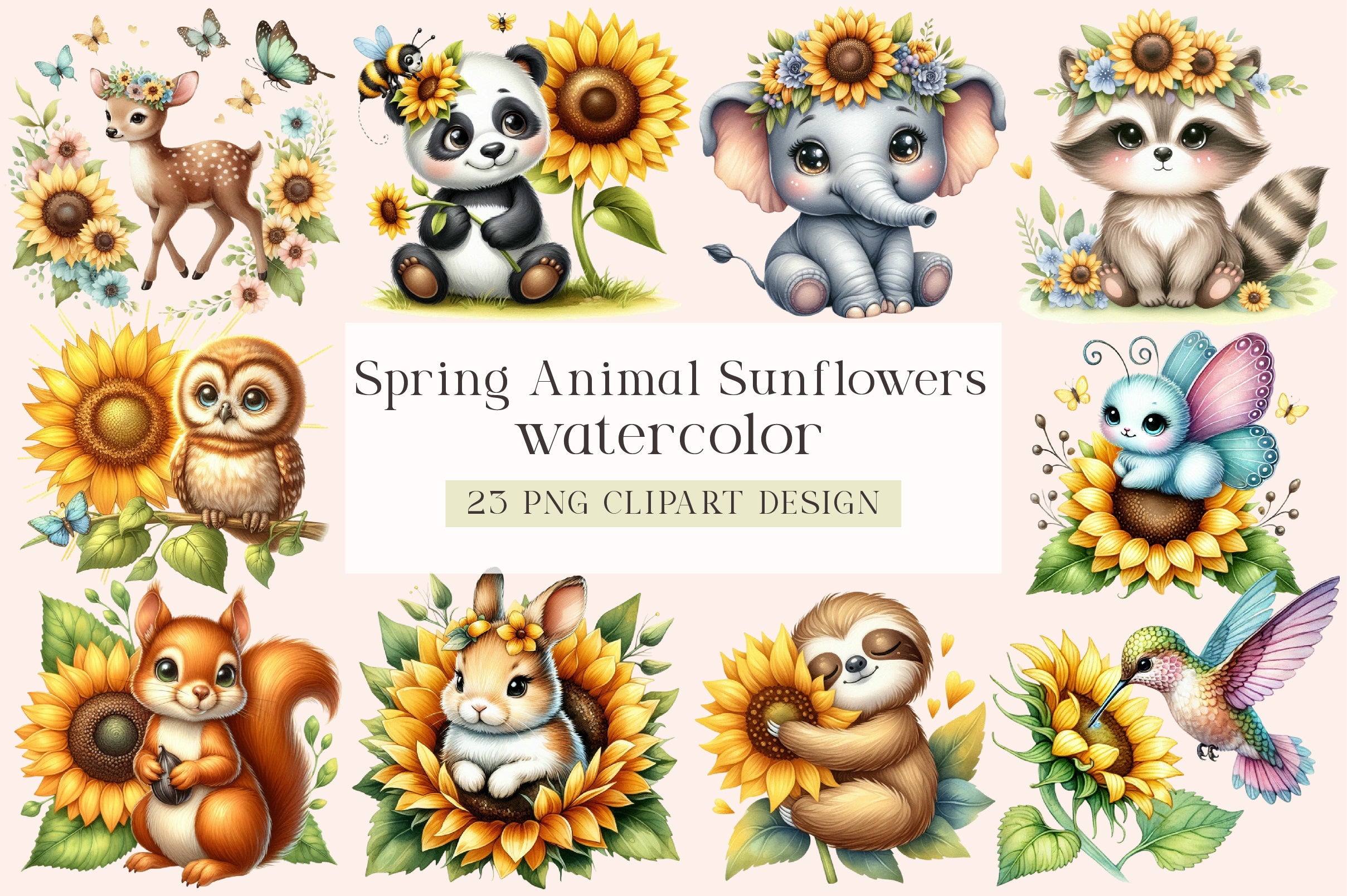 Spring Animal Sunflowers Clipart Bundle