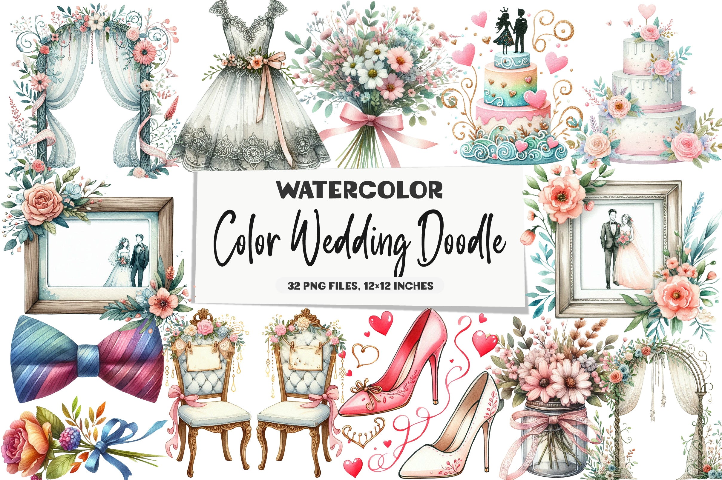 Colorful Wedding Doodle Clipart Bundle