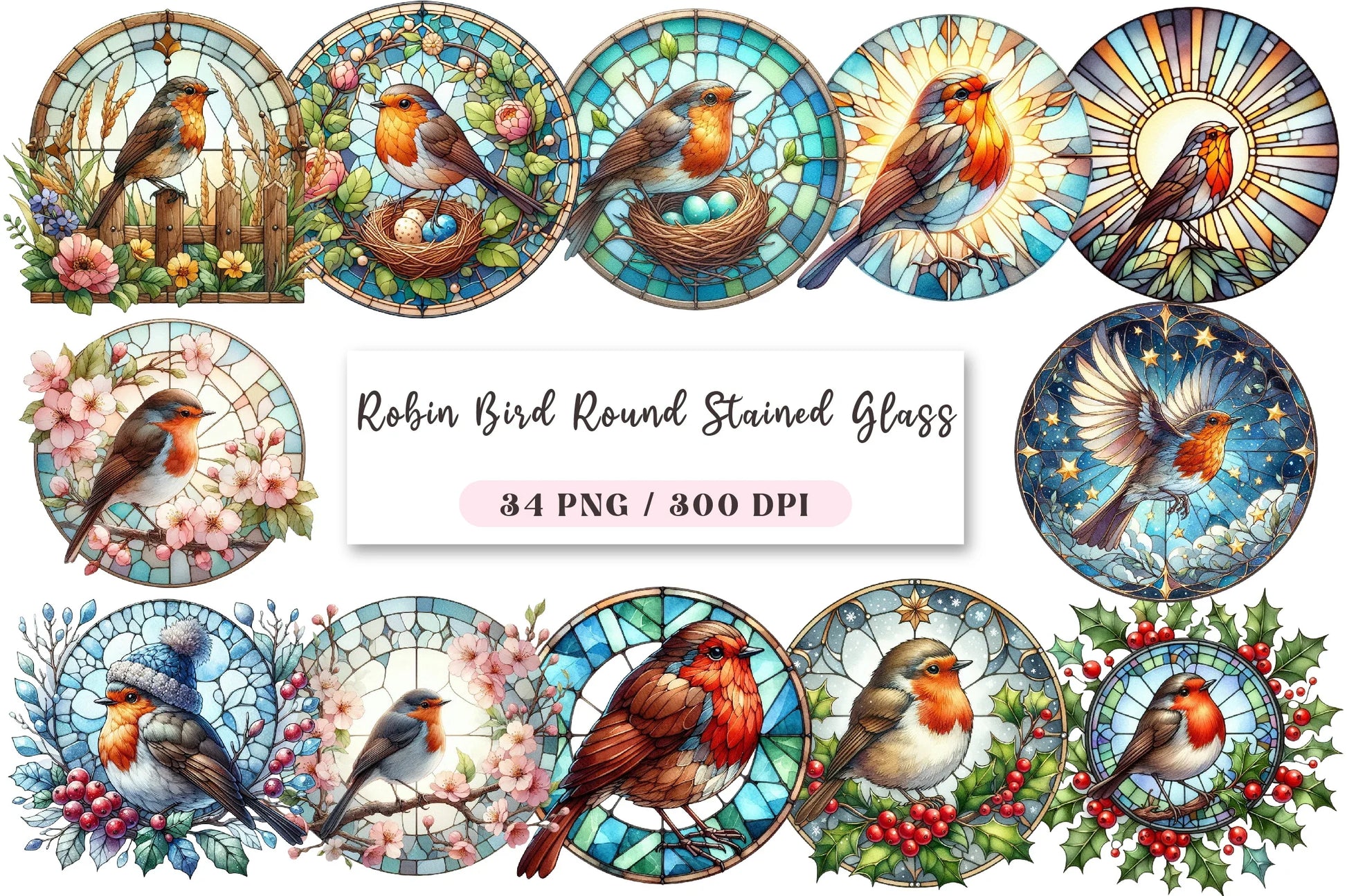 Robin Bird Stained Glass Clipart Bundle - CraftNest - Digital Crafting and Art