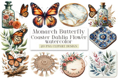 Monarch Butterfly Coaster Dahlia Flower Clipart Bundle - CraftNest - Digital Crafting and Art