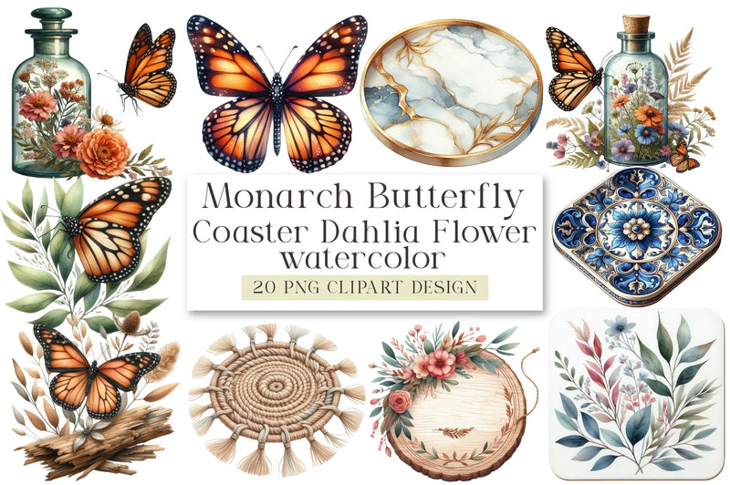 Monarch Butterfly Coaster Dahlia Flower Clipart Bundle - CraftNest - Digital Crafting and Art