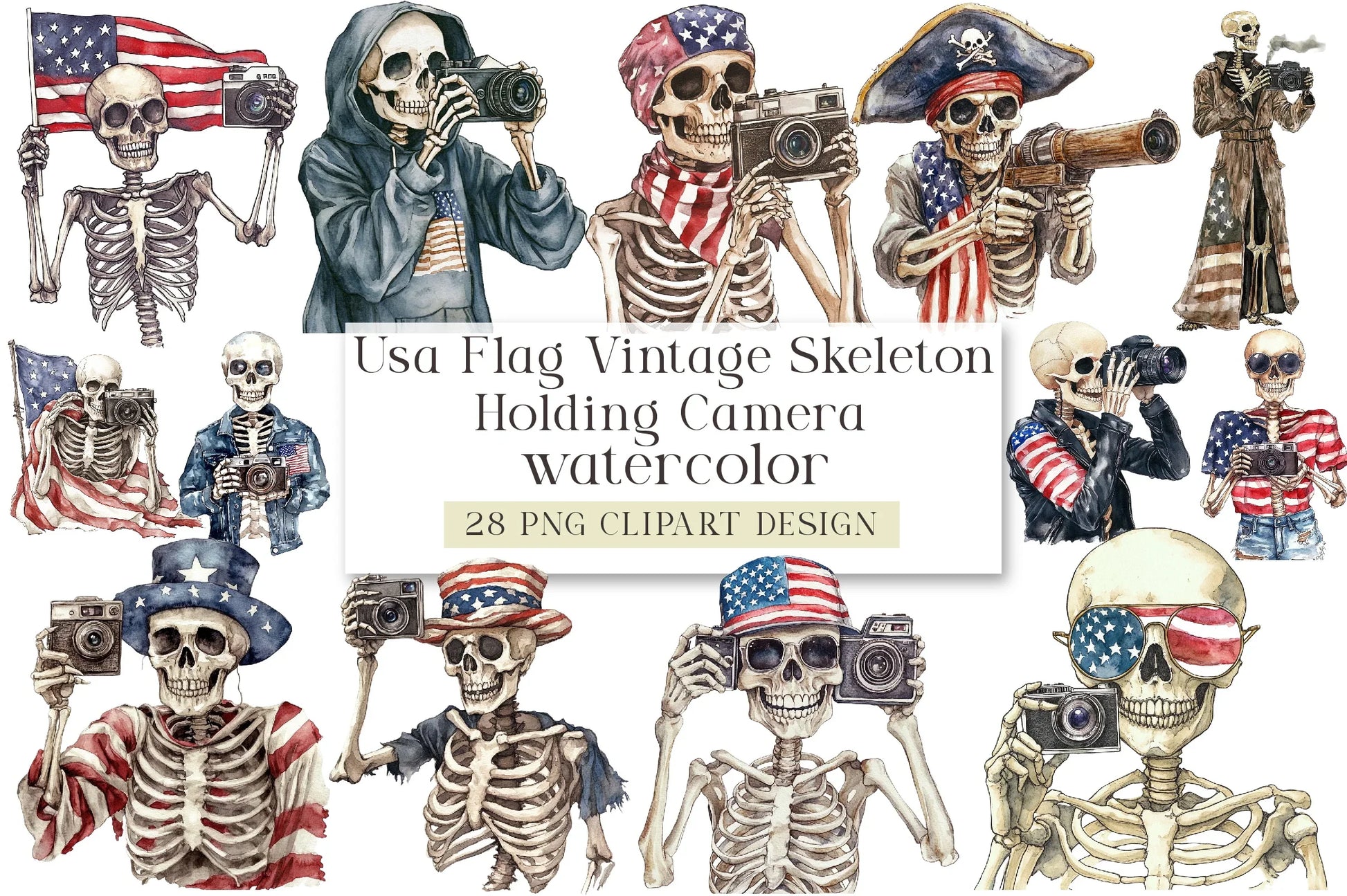 Vintage Skeleton Holding Camera Clipart Bundle - USA Flag Theme - CraftNest - Digital Crafting and Art