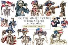 Vintage Skeleton Holding Camera Clipart Bundle - USA Flag Theme - CraftNest - Digital Crafting and Art