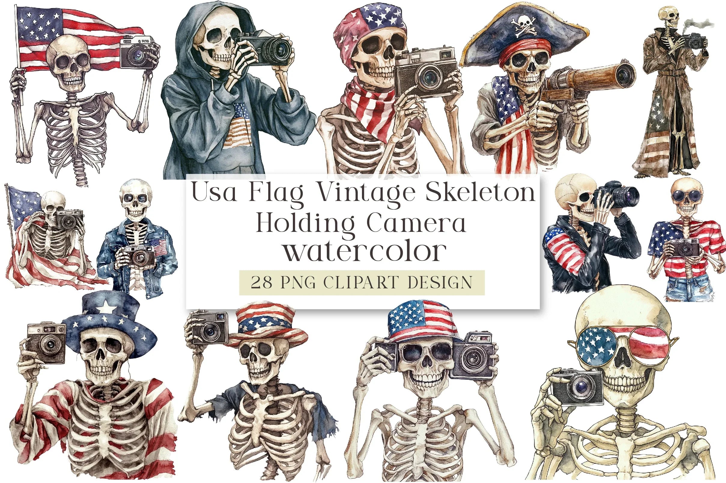 Vintage Skeleton Holding Camera Clipart Bundle - USA Flag Theme - CraftNest - Digital Crafting and Art