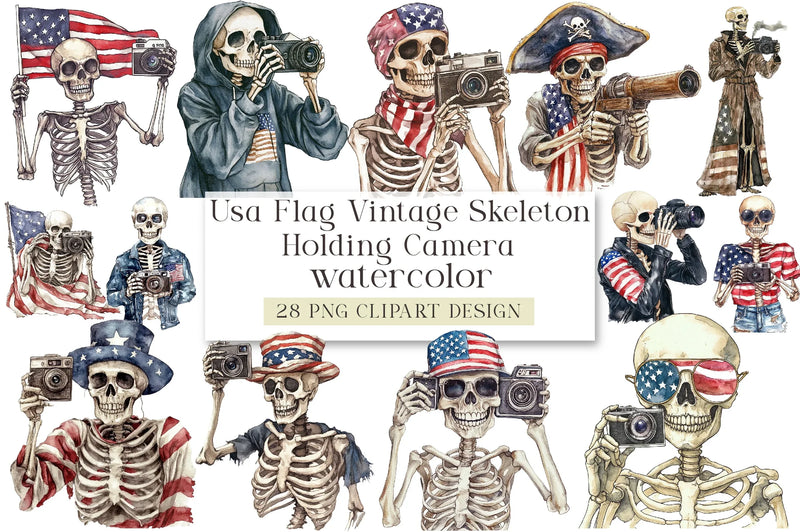 Vintage Skeleton Holding Camera Clipart Bundle - USA Flag Theme - CraftNest - Digital Crafting and Art