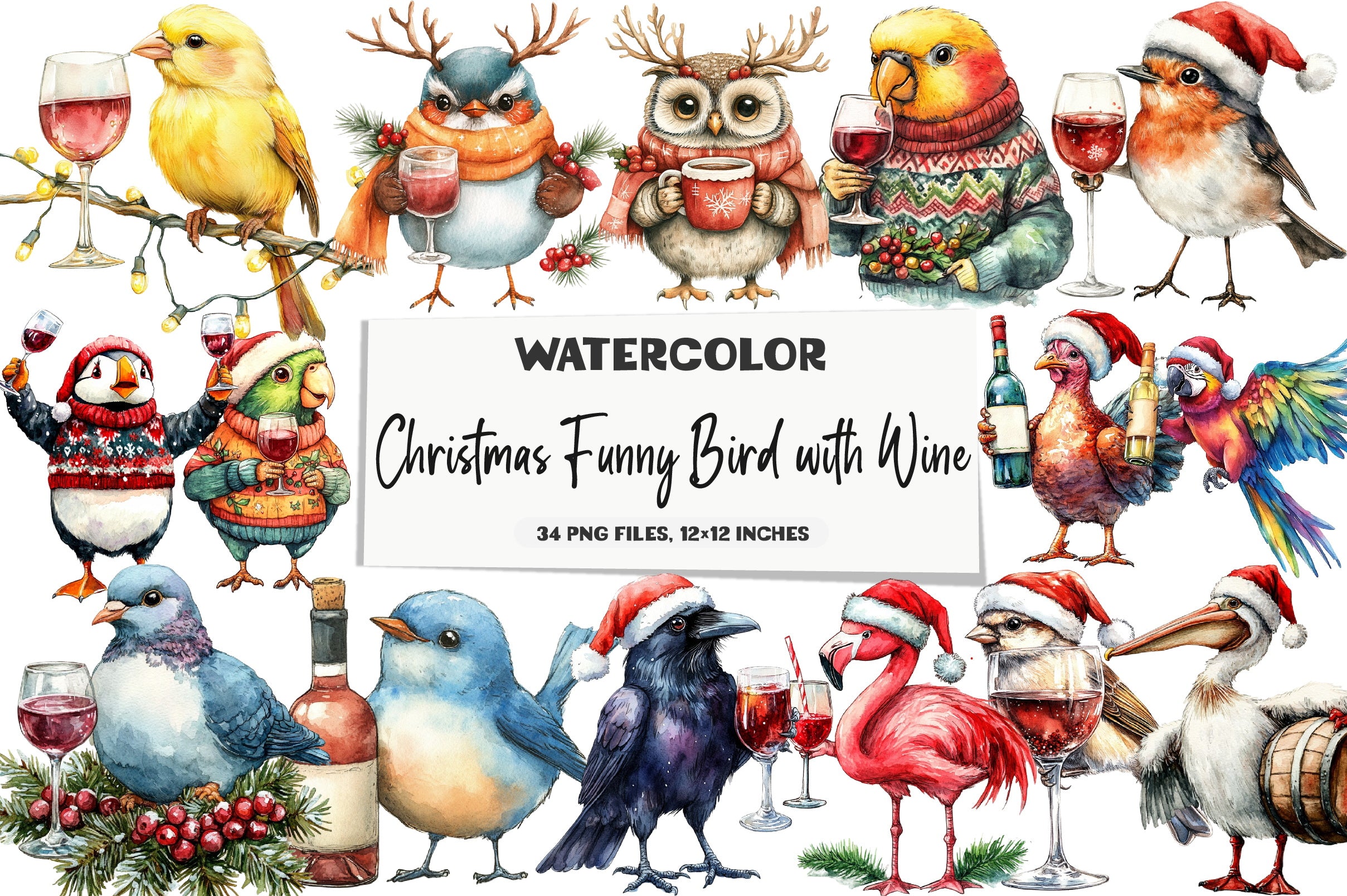 Christmas Funny Bird Wine Clipart Bundle