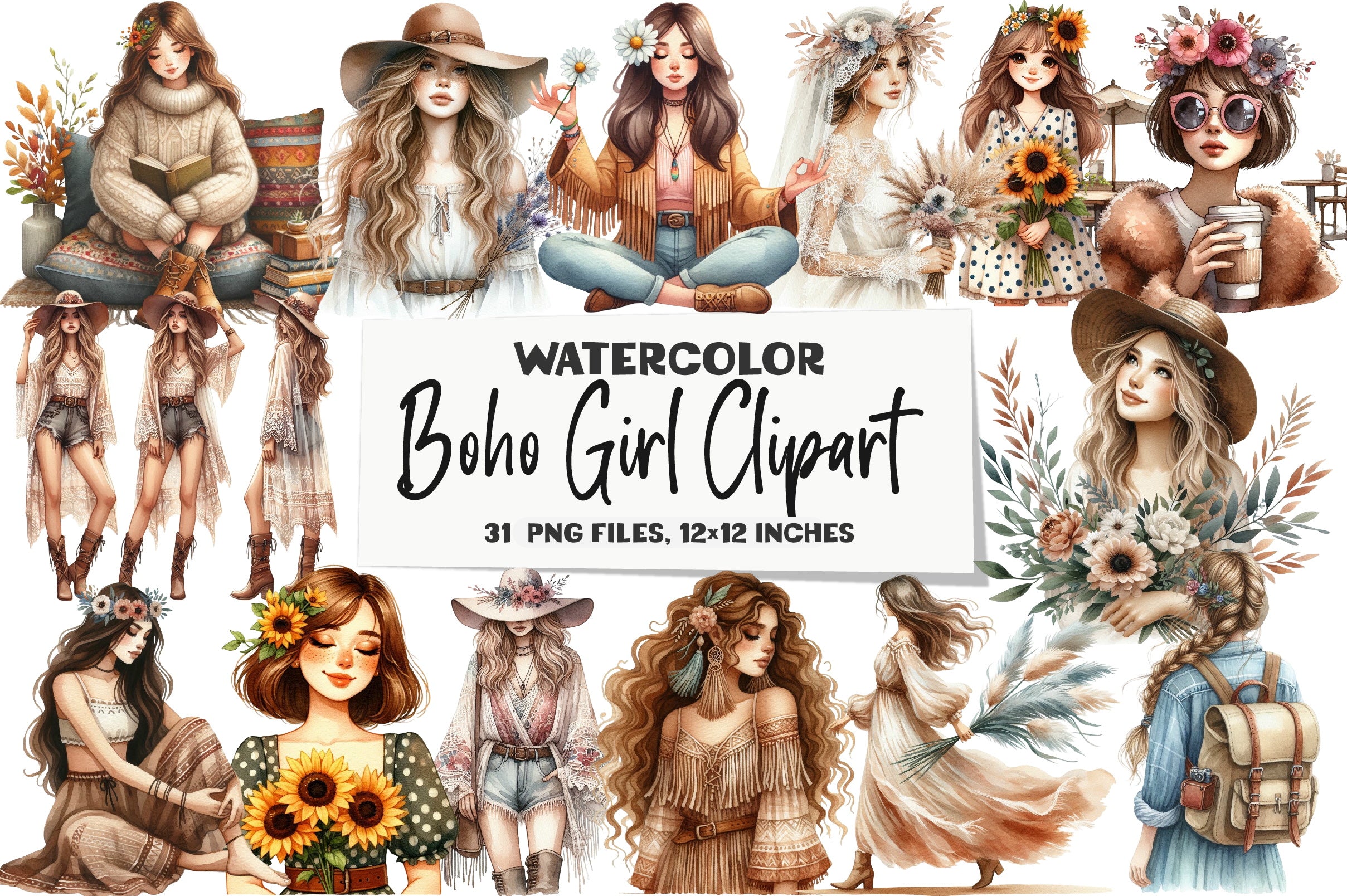 Boho Girl Clipart Bundle