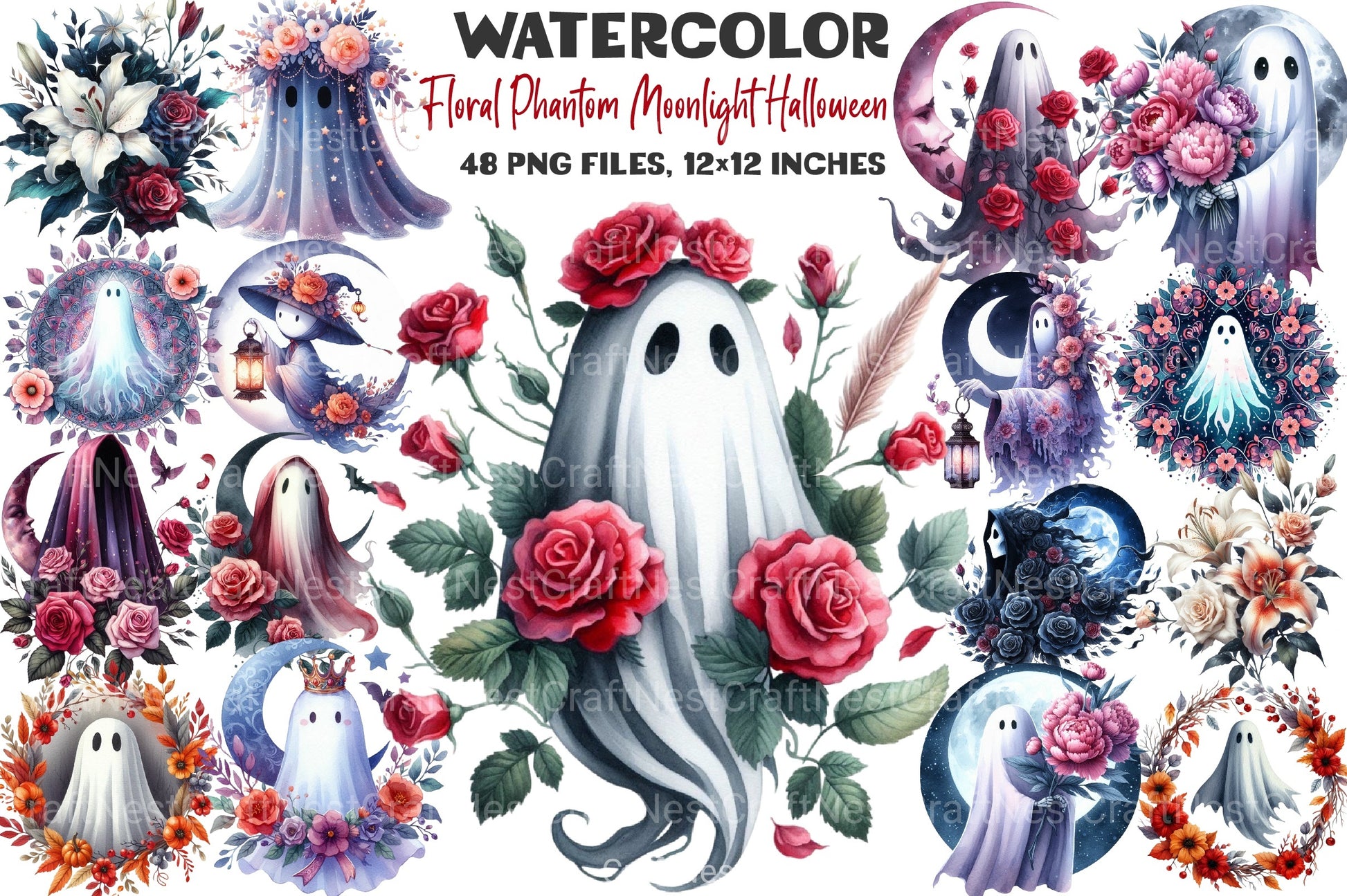 Floral Phantom Moonlight Halloween Clipart Bundle - CraftNest - Digital Crafting and Art