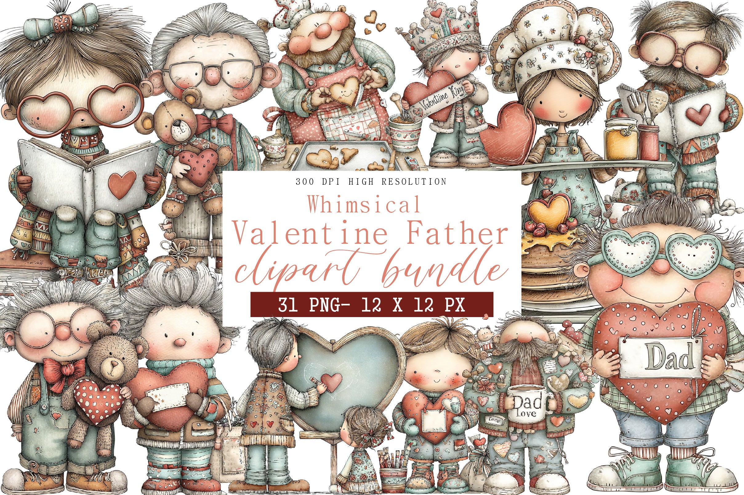 Whimsical Valentine Father Clipart Bundle