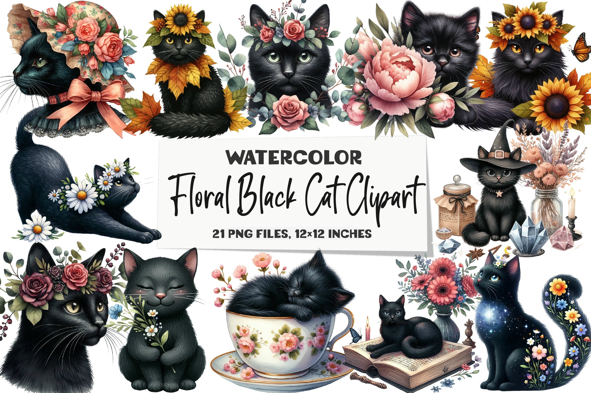 Floral Black Cat Clipart Bundle