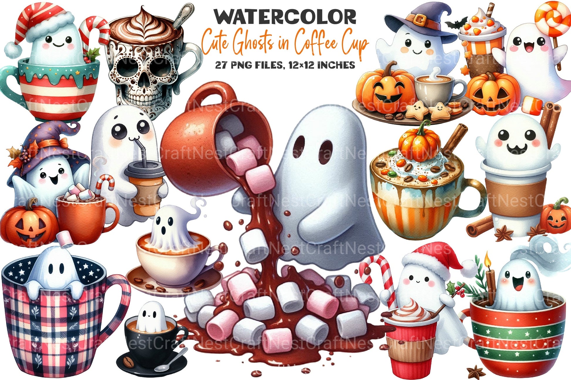 Cute Ghosts in Coffee Cup Halloween Clipart Bundle - CraftNest - Digital Crafting and Art