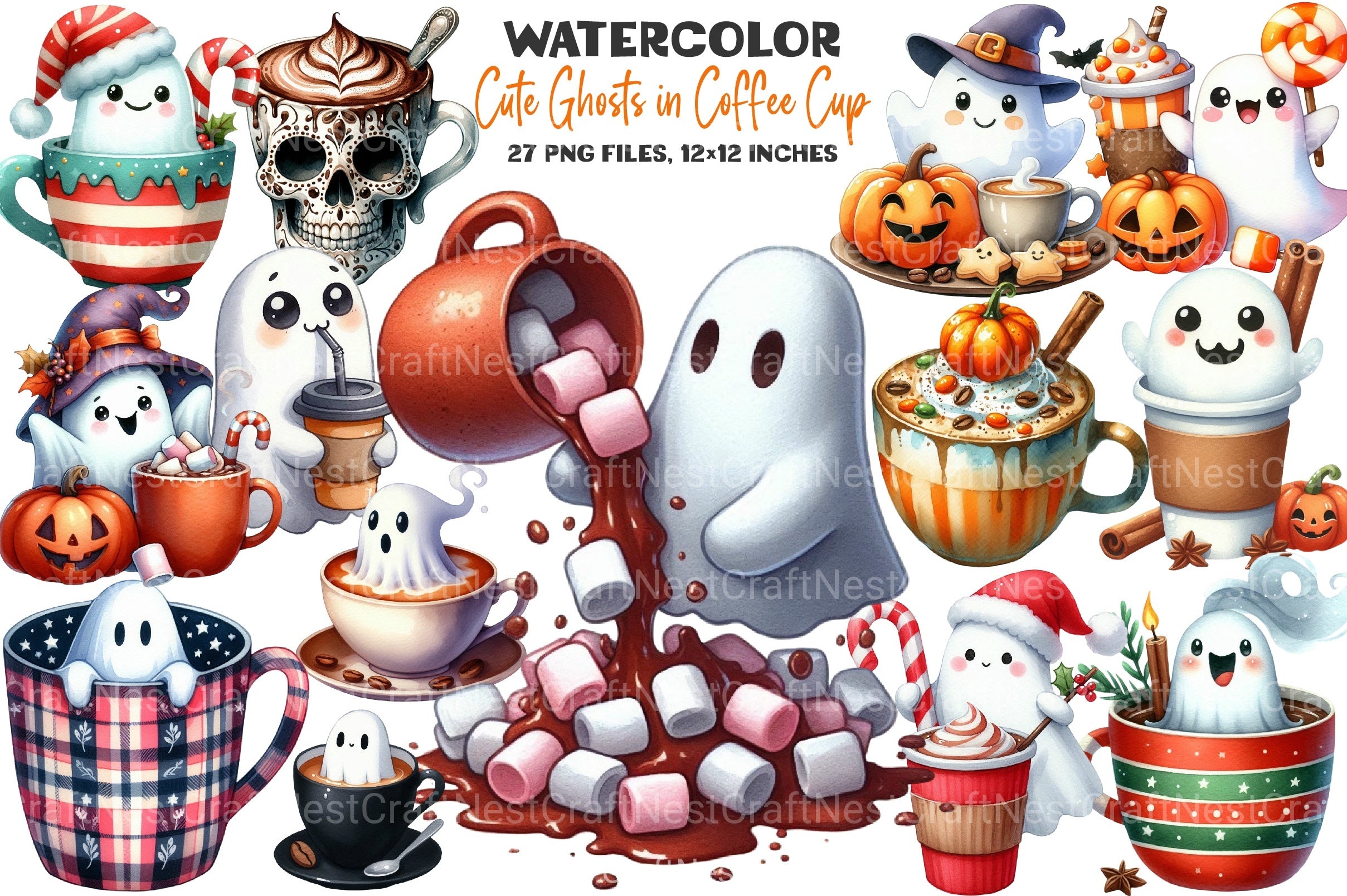 Cute Ghosts in Coffee Cup Halloween Clipart Bundle - CraftNest - Digital Crafting and Art
