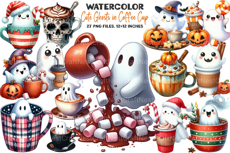 Cute Ghosts in Coffee Cup Halloween Clipart Bundle - CraftNest - Digital Crafting and Art