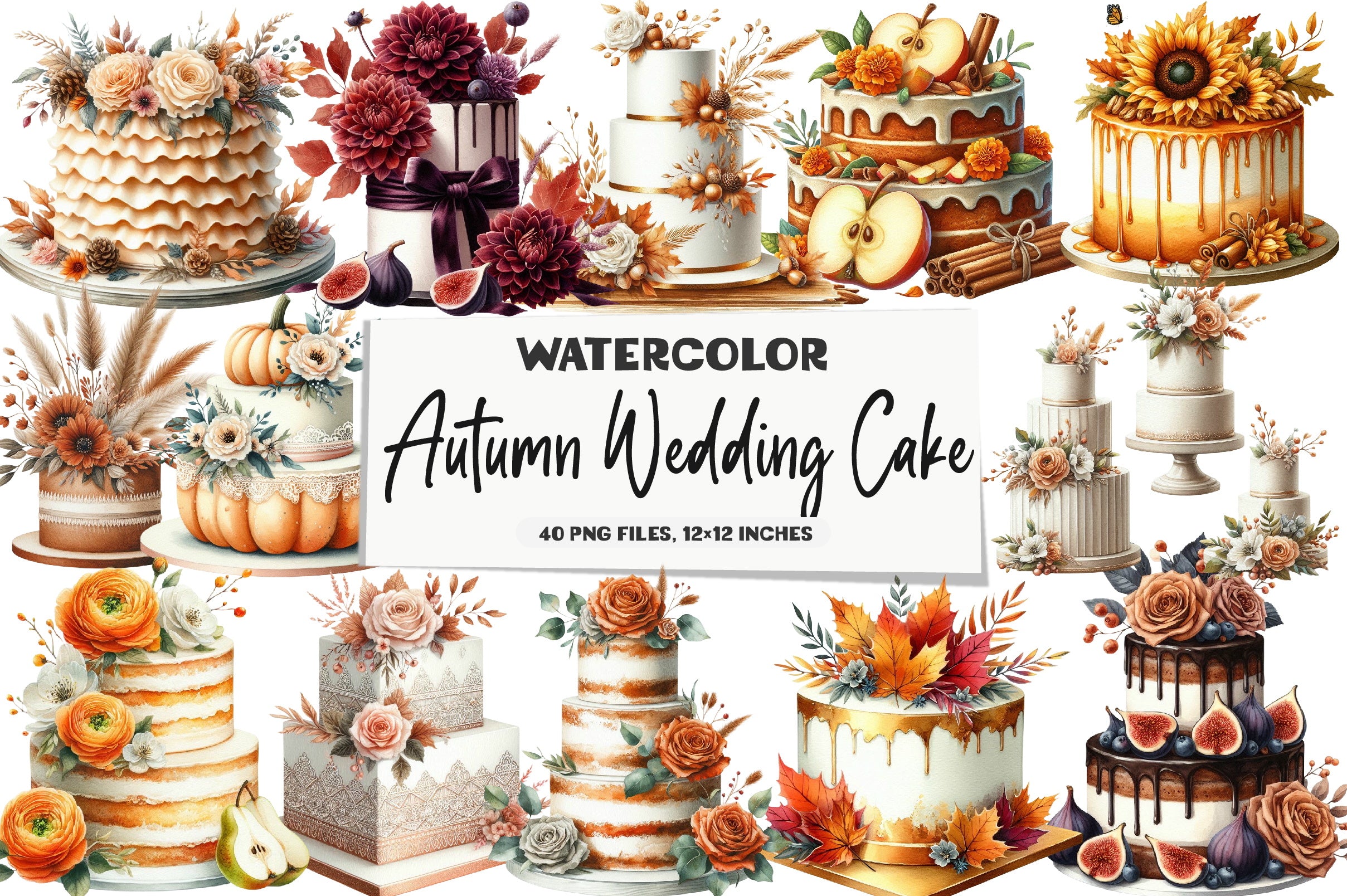 Autumn Wedding Cake Clipart Bundle