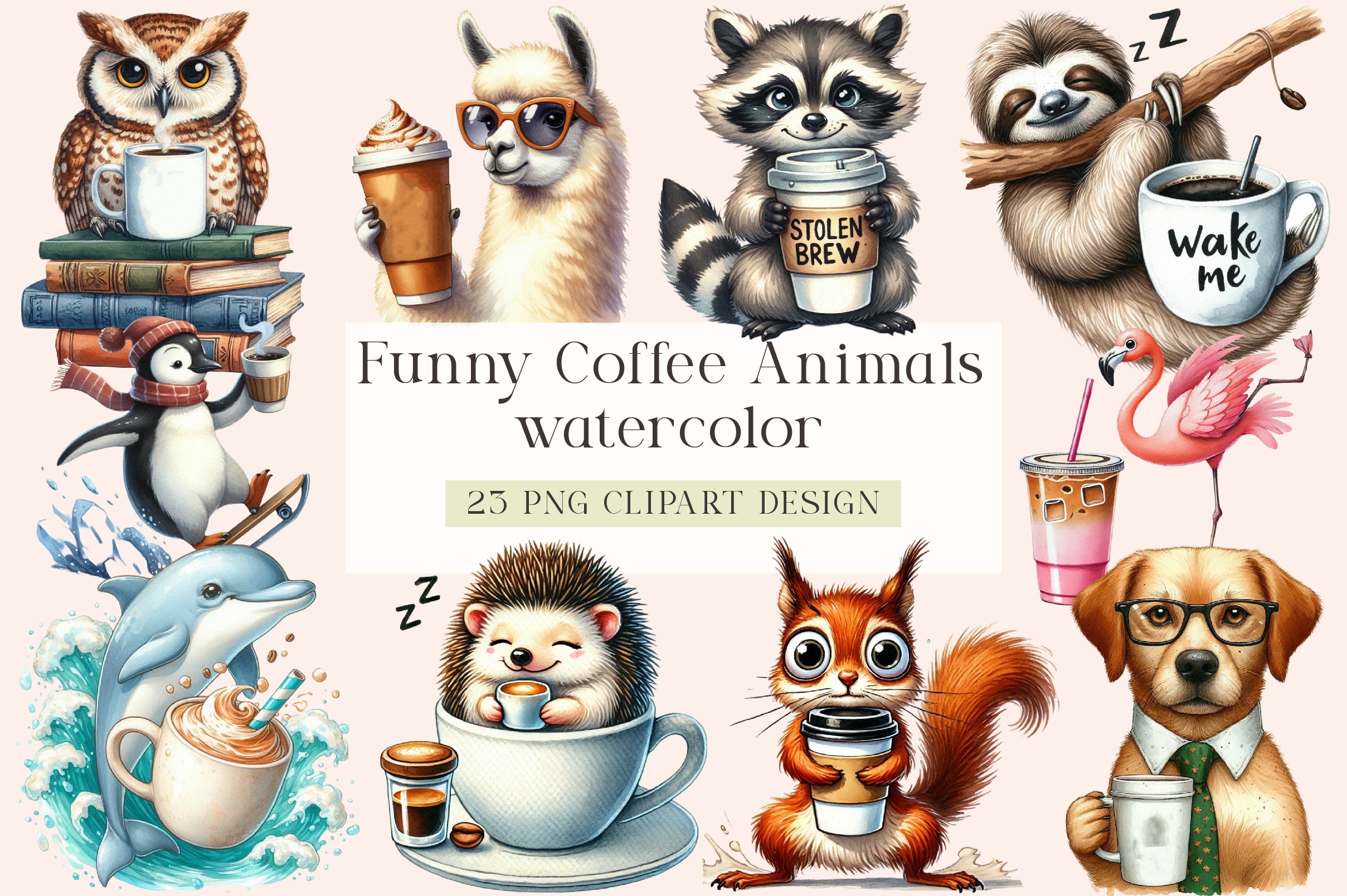 Funny Coffee Animals Clipart Bundle