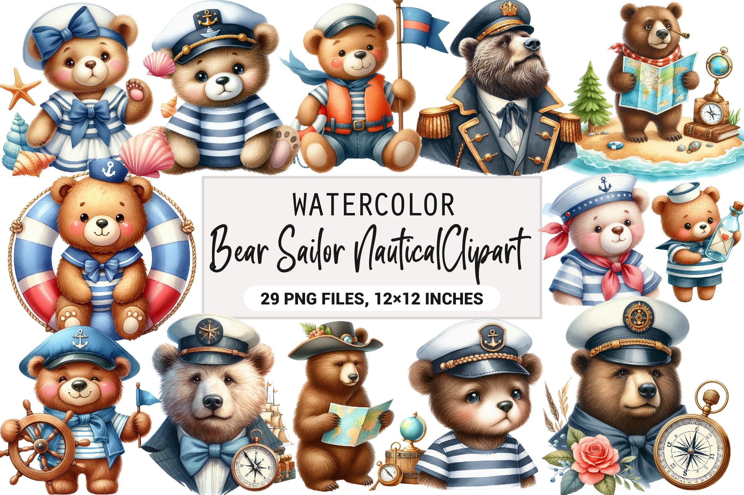 Bear Sailor Nautical Clipart Bundle