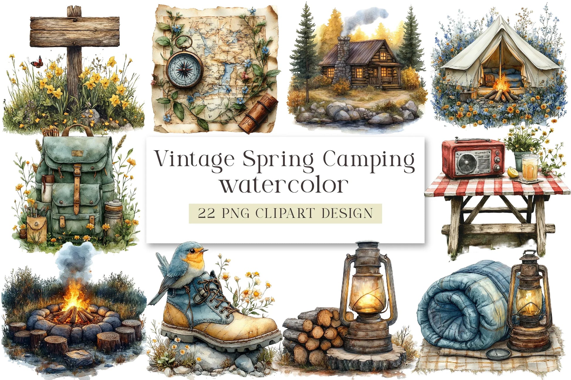 Vintage Spring Camping Clipart Bundle - CraftNest - Digital Crafting and Art