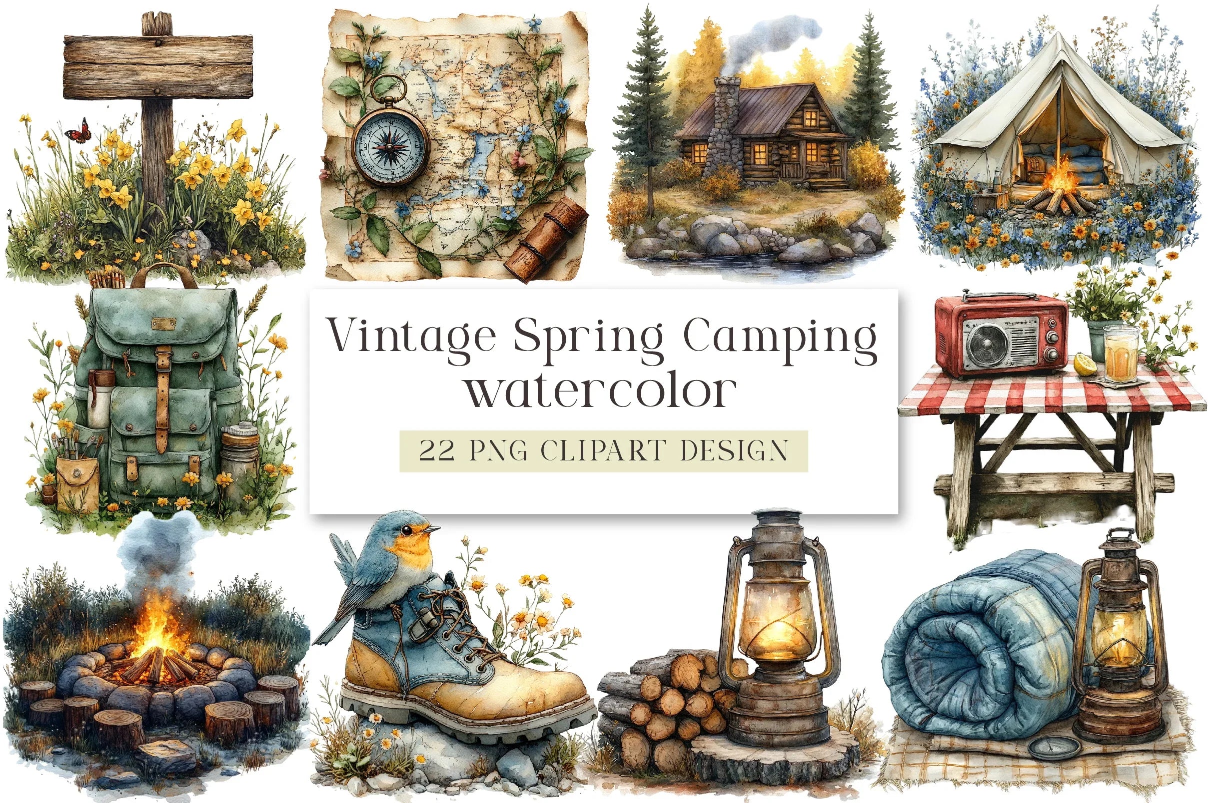 Vintage Spring Camping Clipart Bundle - CraftNest - Digital Crafting and Art