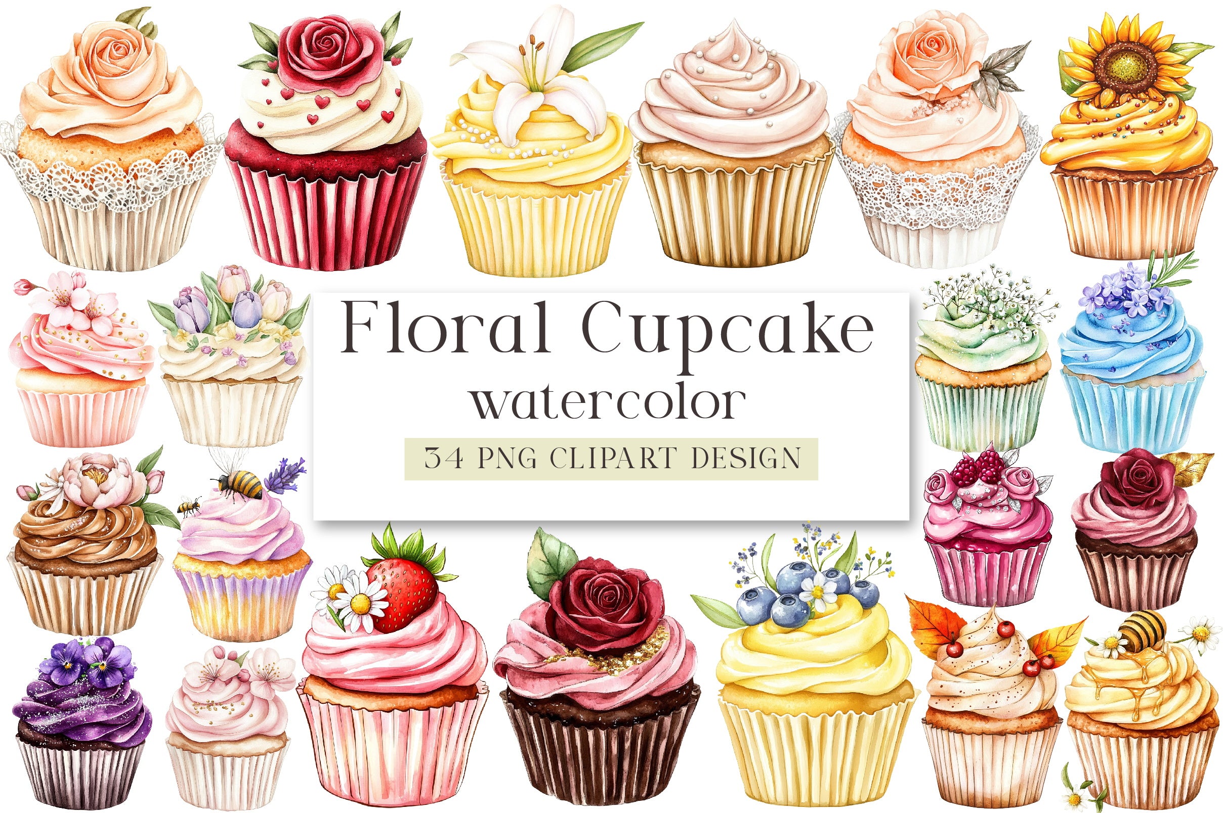 Floral Cupcake Clipart Bundle