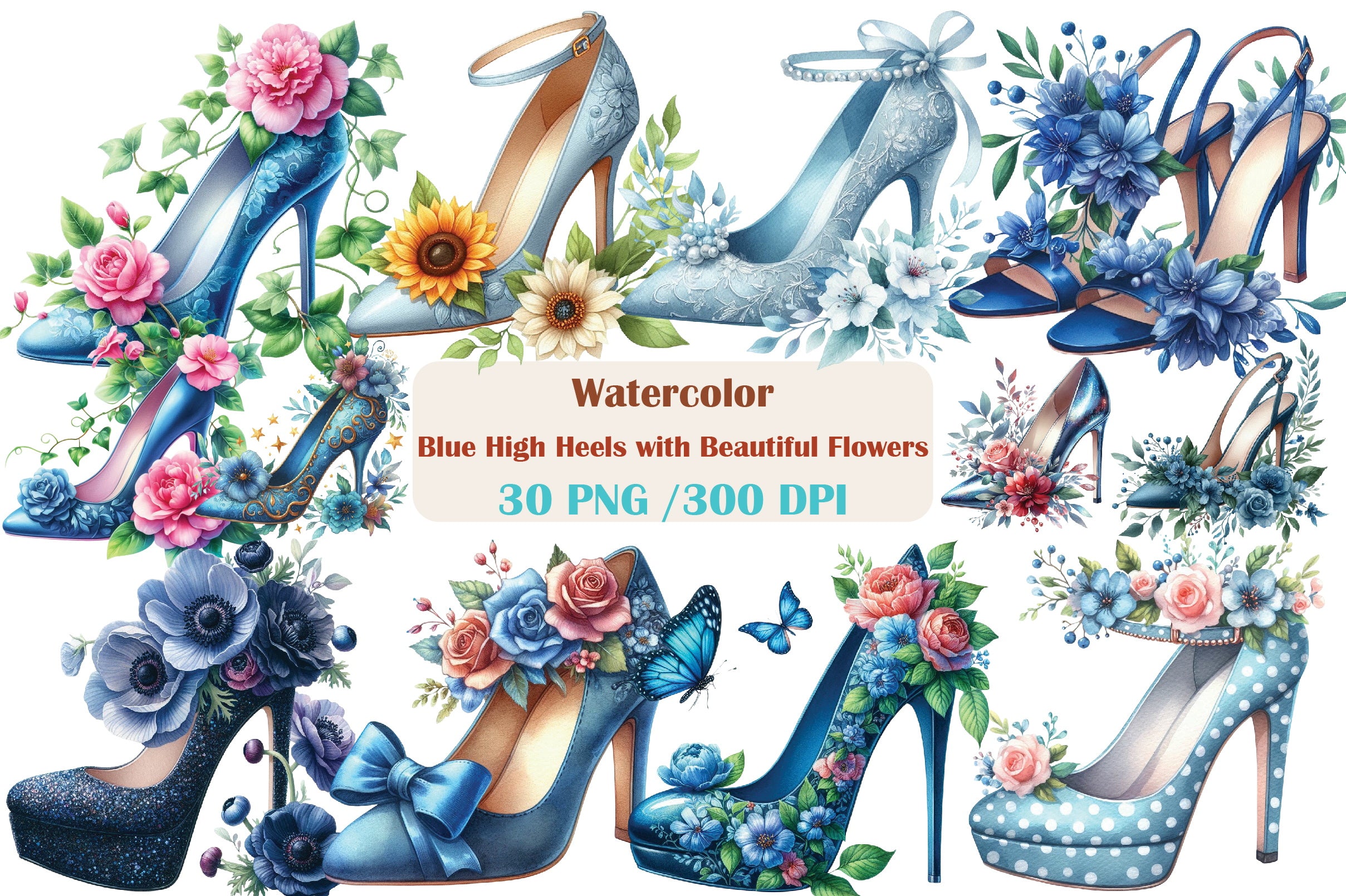 Blue High Heels with Floral Clipart Bundle