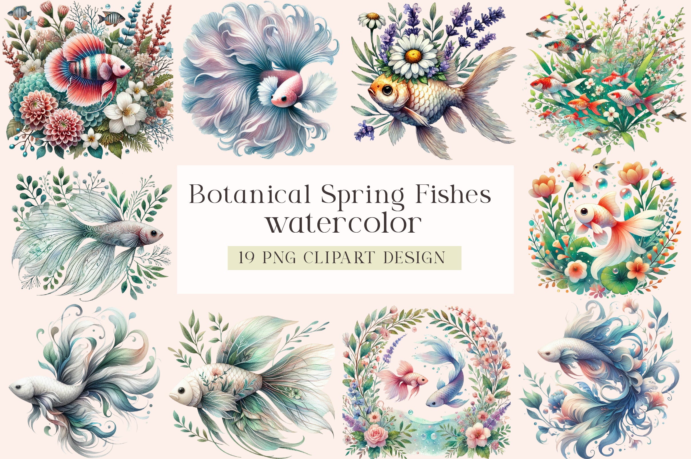 Botanical Spring Fishes Clipart Bundle