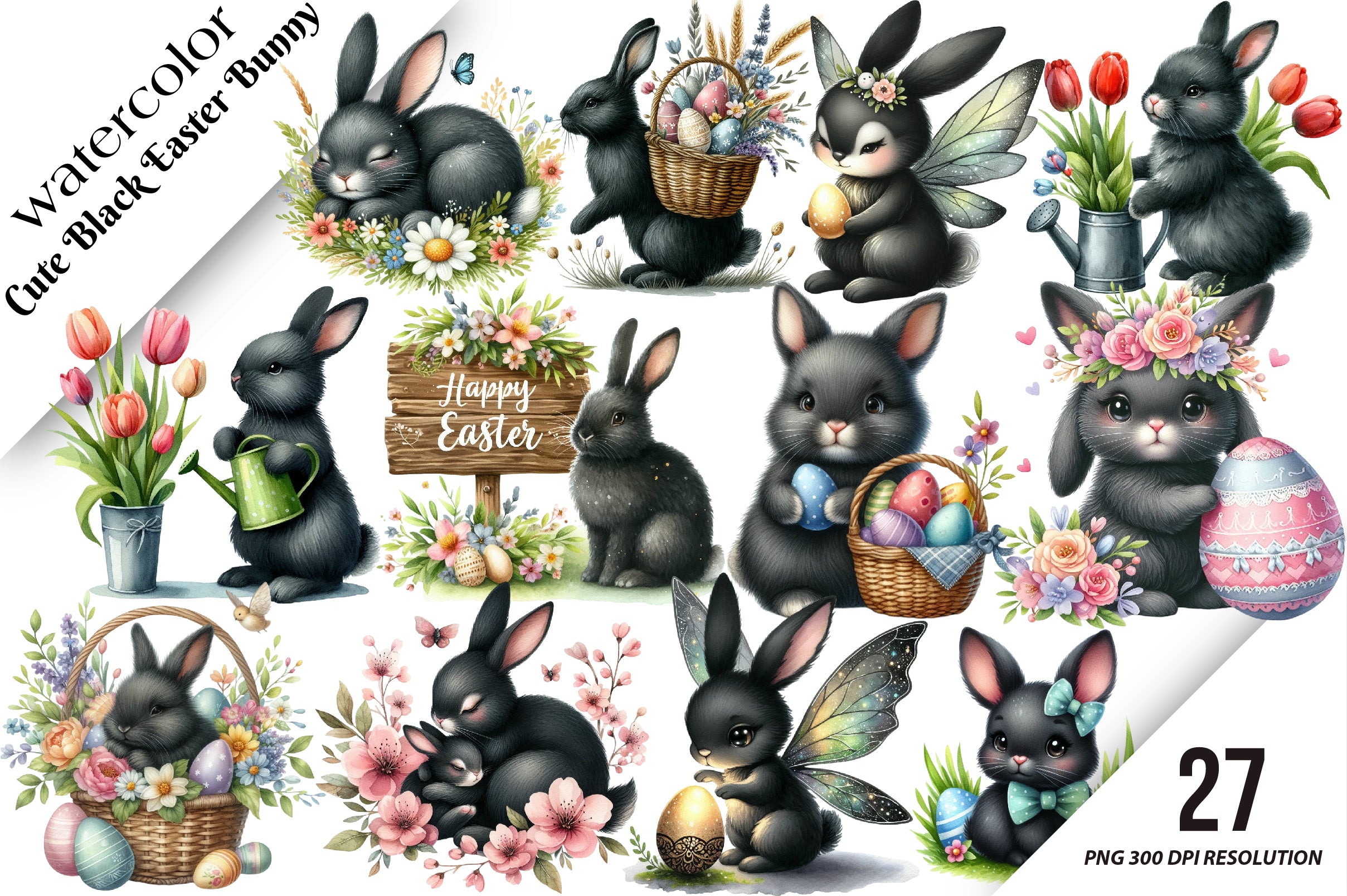 Cute Black Easter Bunny Clipart Bundle